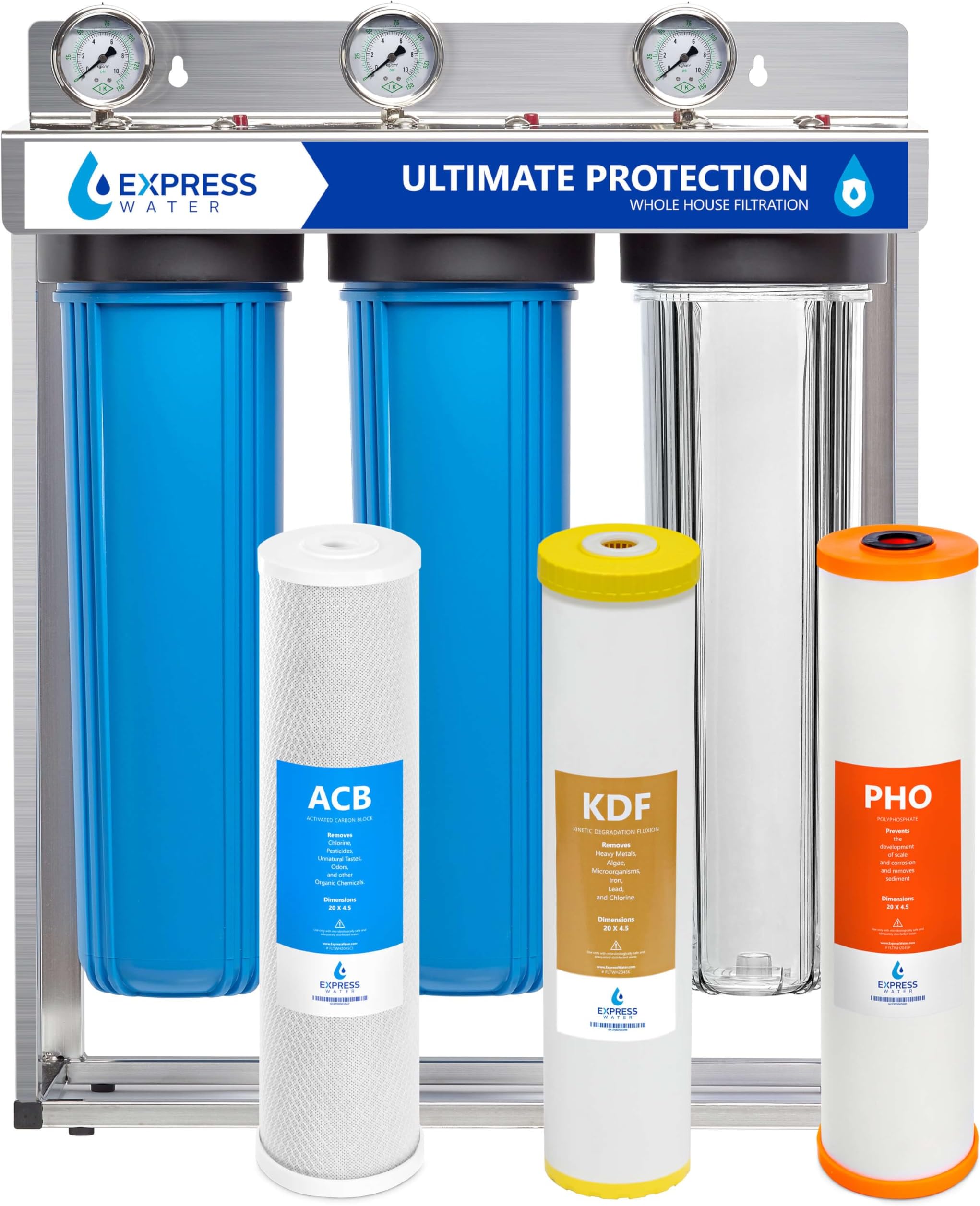 Express Water Whole House Water Filter System | ULTIMATE PROTECTION | 3 Stage Home Filtration, Top Tier Heavy Metal + Anti-Scale Filter, Highly Reduces Scale, Chloramine, Chlorine, PFAs, Lead, Arsenic