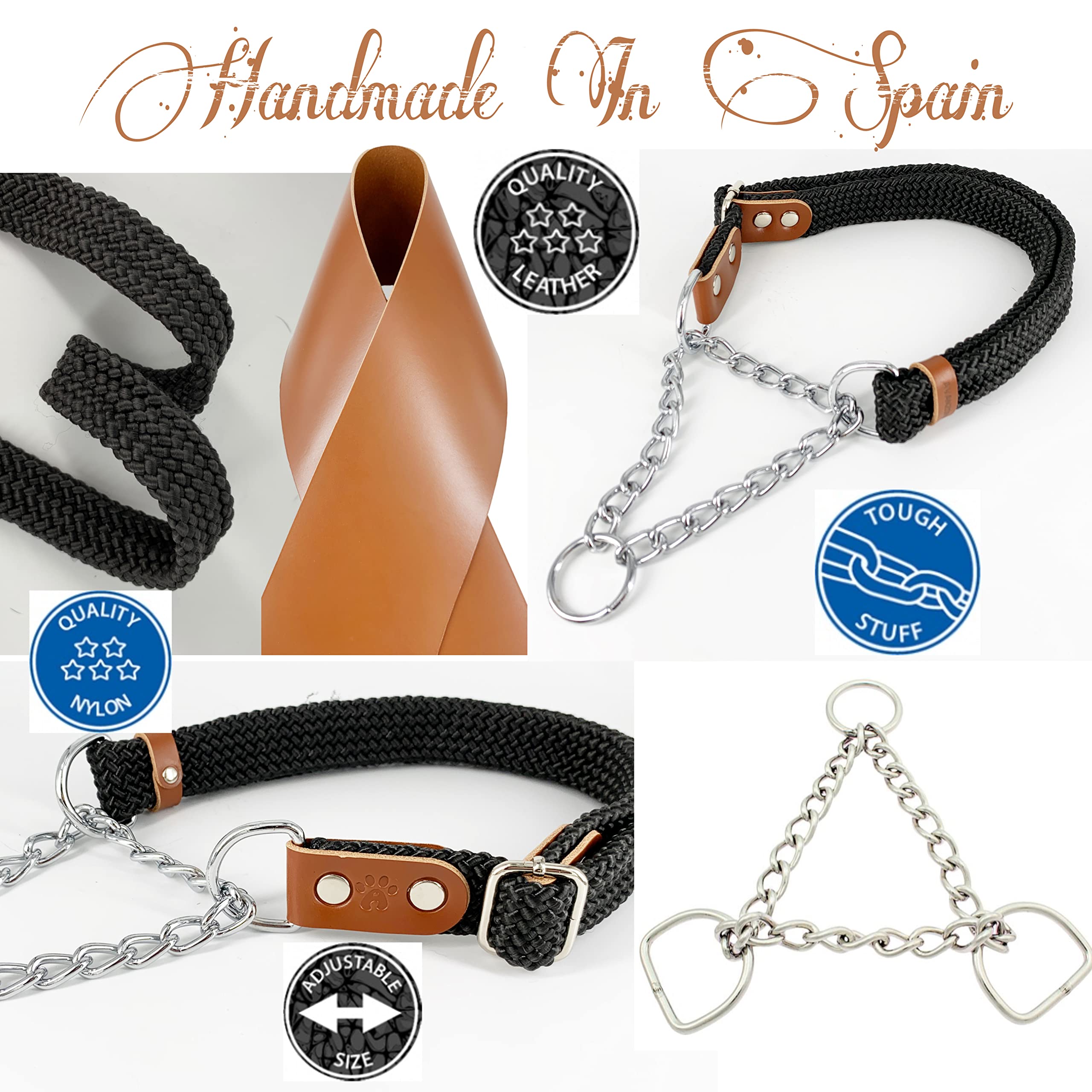 Dog Martingale Choke Collar with Chain and Leather, Antipull. M. Black & Cognac - Image 2