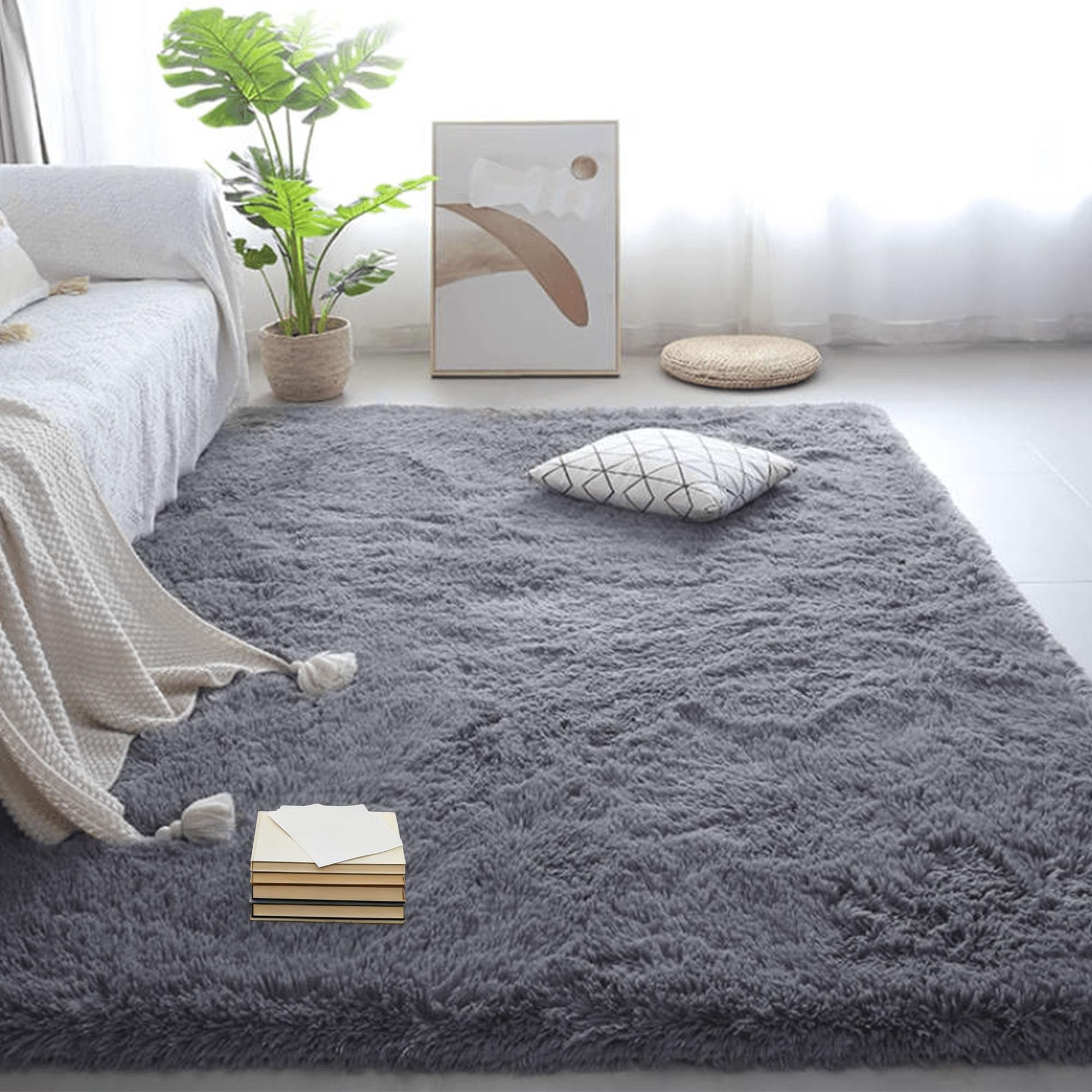 Tapis moderne shaggy gris foncé 140 x 160 cm moelleux pour chambre et salon facile à nettoyer