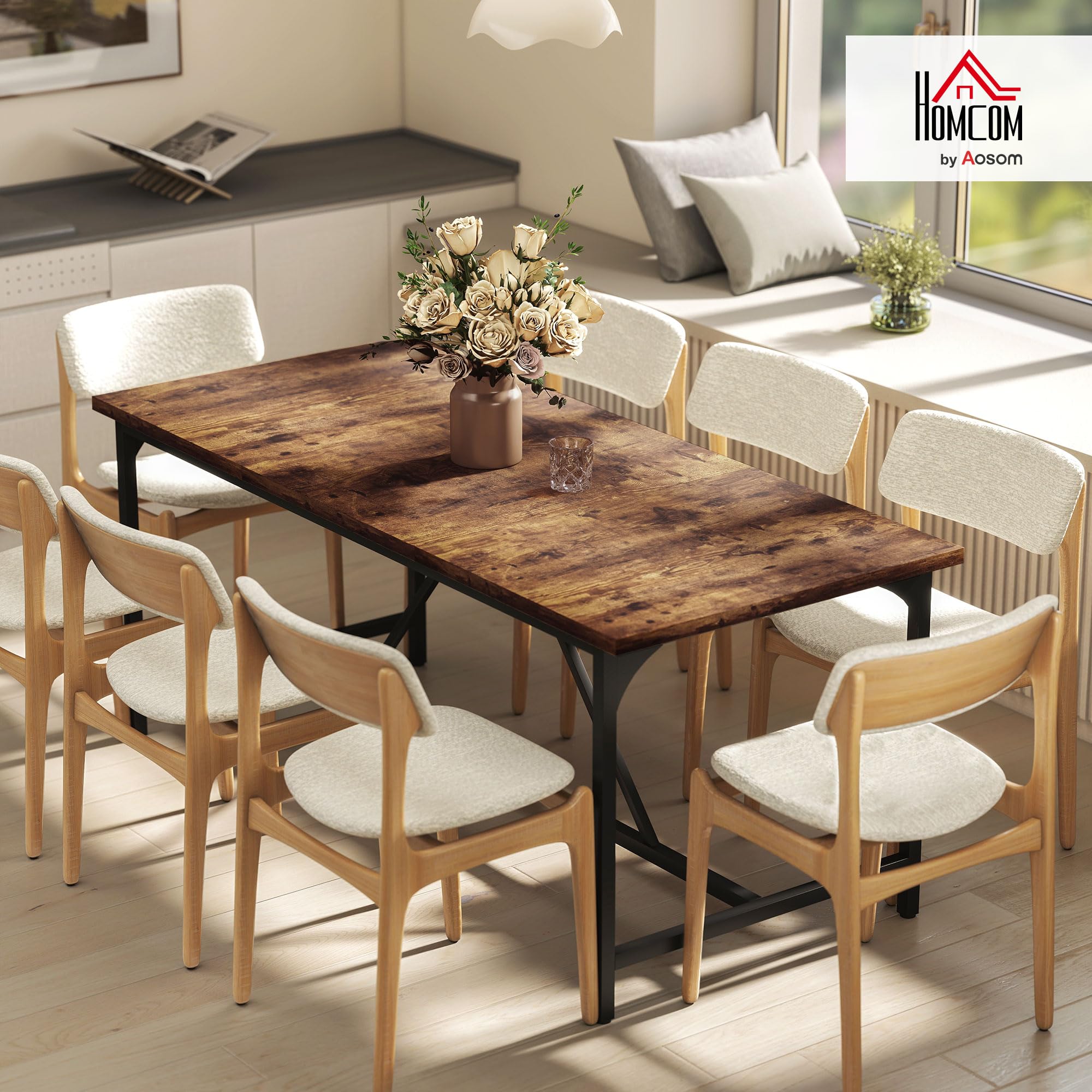 HOMCOM Mesa de Comedor Rectangular 180x80x75,5 cm Marrón Rústico | Para 6-8 Personas, Mesa de Cocina Industrial, Tablero Grueso, Patas de Metal