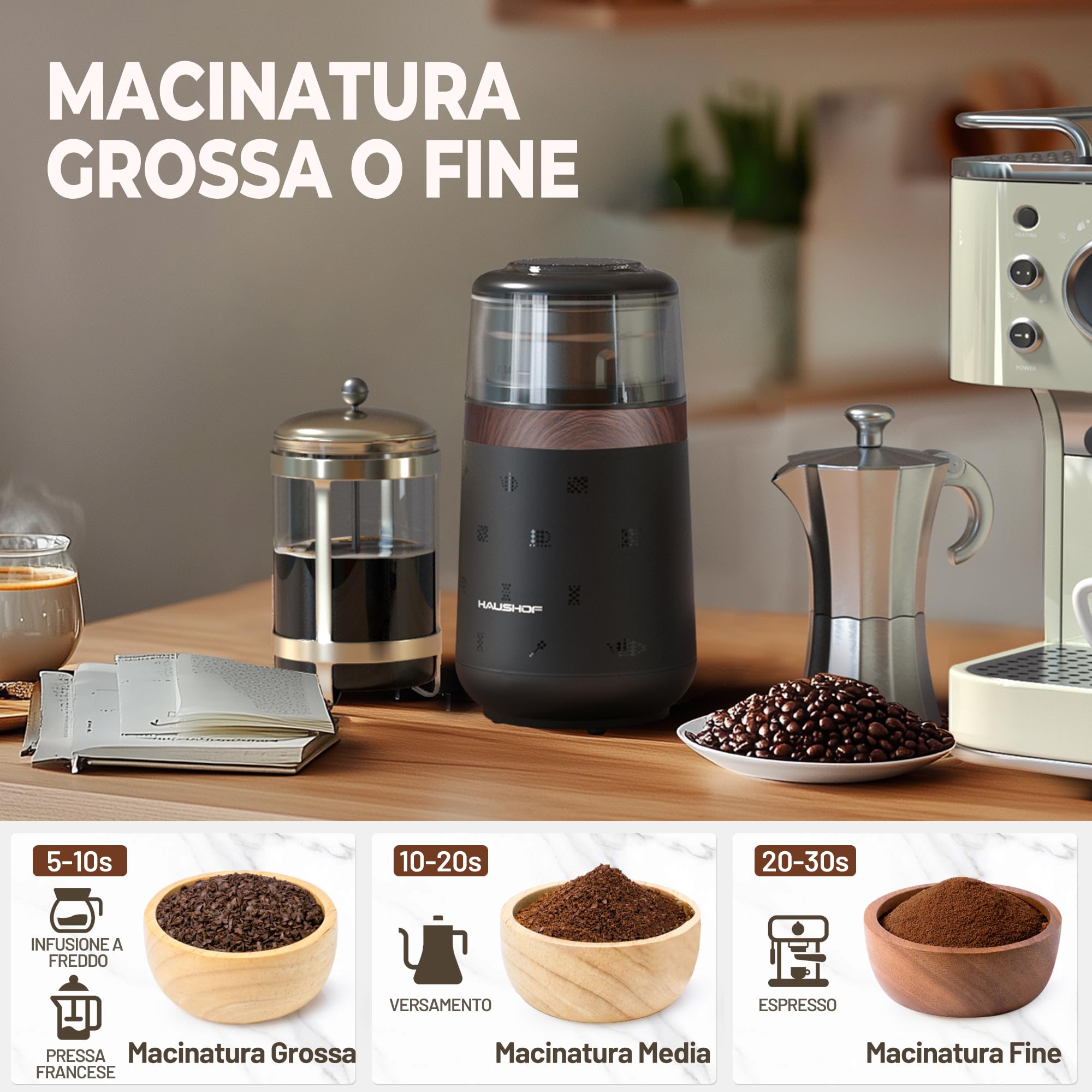 HAUSHOF Macina Caffè Elettrica da 75 g, Macinacaffè da 150W per Chicchi di Caffè e Spezie, Macina Spezie Multifunzionale per Chicchi di Caffè, Noci, Erbe