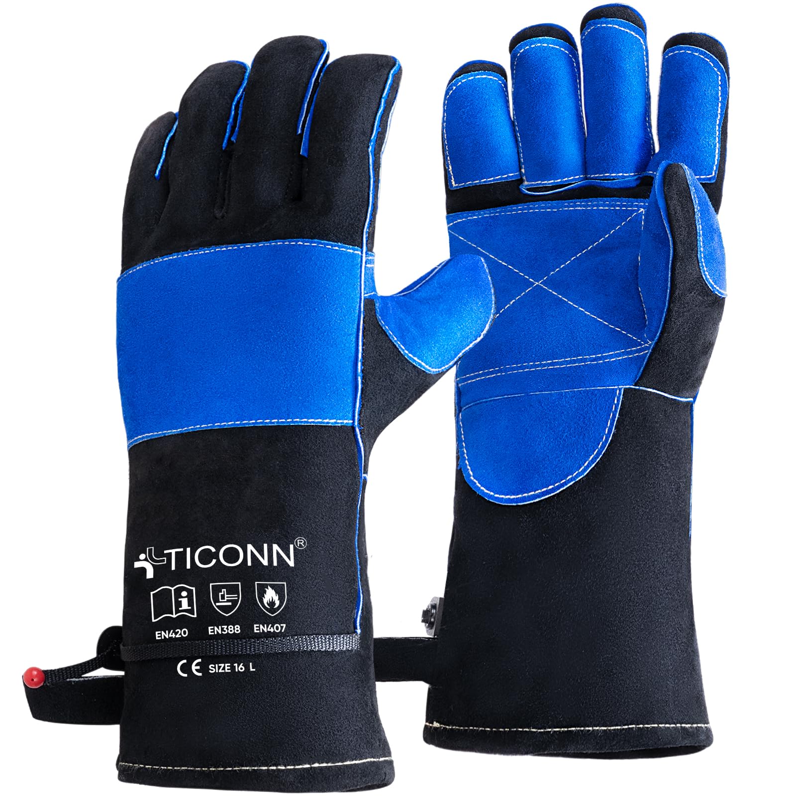 TICONN Schweißhandschuhe, 40,6 cm, feuerfeste Handschuhe, feuerfeste Lederhandschuhe für Schweißer, Stick, Schmiede, Mig, Tig, Grillen, Backen, Ofen (Schwarz/Blau, L)