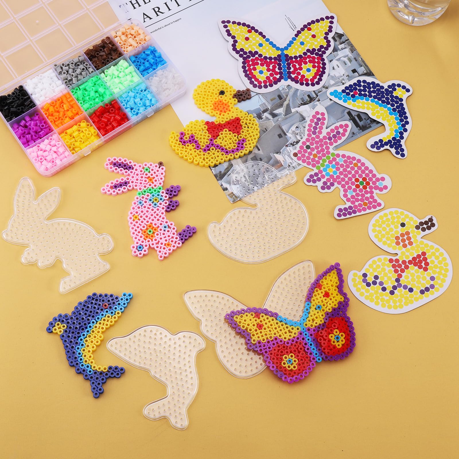 Lot de 20 plaques de perles à repasser, modèles de perles à repasser de 5 mm, 20 pochoirs de perles à repasser en forme d'animaux transparents, modèles pour le bricolage, les perles