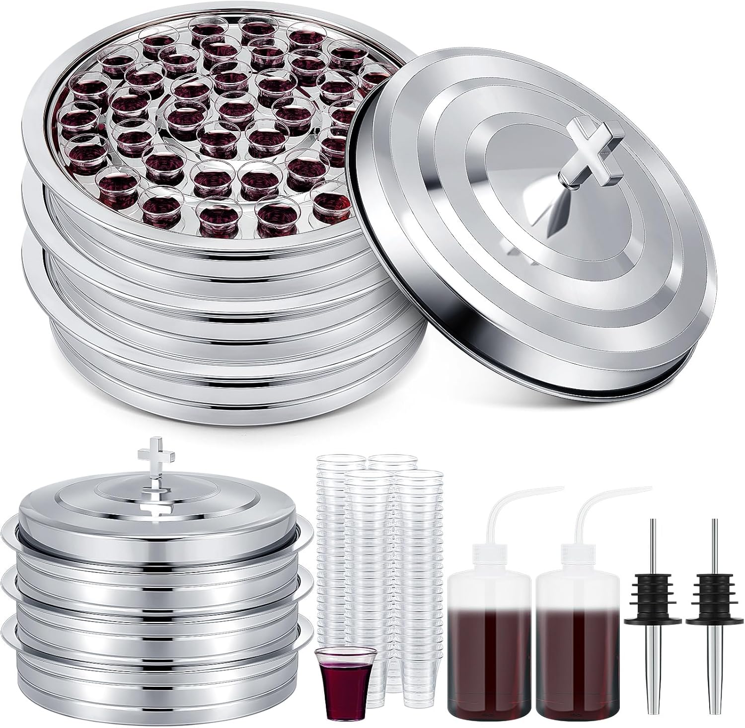 Zhehao 3 Sets Holy Communion Trays for Churches with Lid, Churches Cup Fillers, 100 Disposable Communion Cups (Silver) 3 Silver
