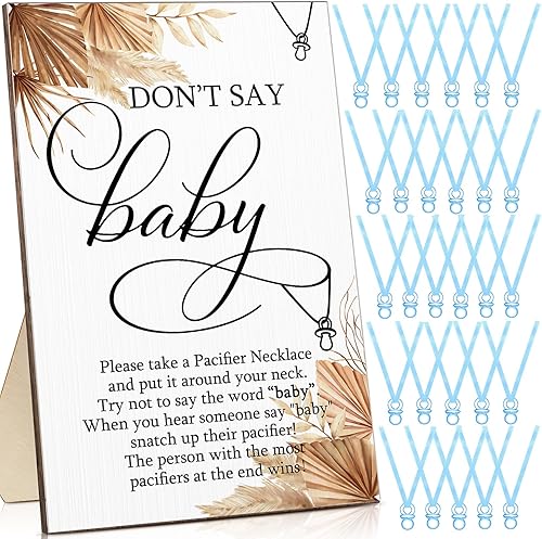51 piezas de cartel de juego de Baby Shower Cool Baby Shower Game 50 Baby Shower Chupete Collar de madera Don't Say Baby Sign Plastic Baby Chupete