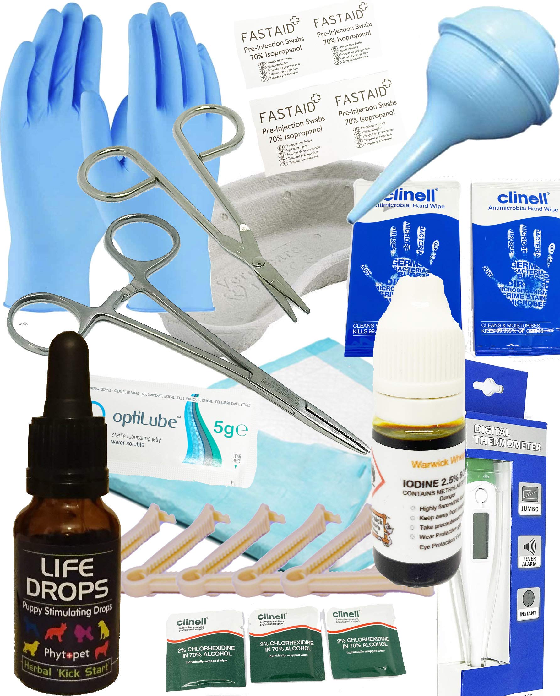 Vital Whelping Kit Puppy, Iodine, Cord Clamps, Thermometer, Forceps, Scissors & Guides
