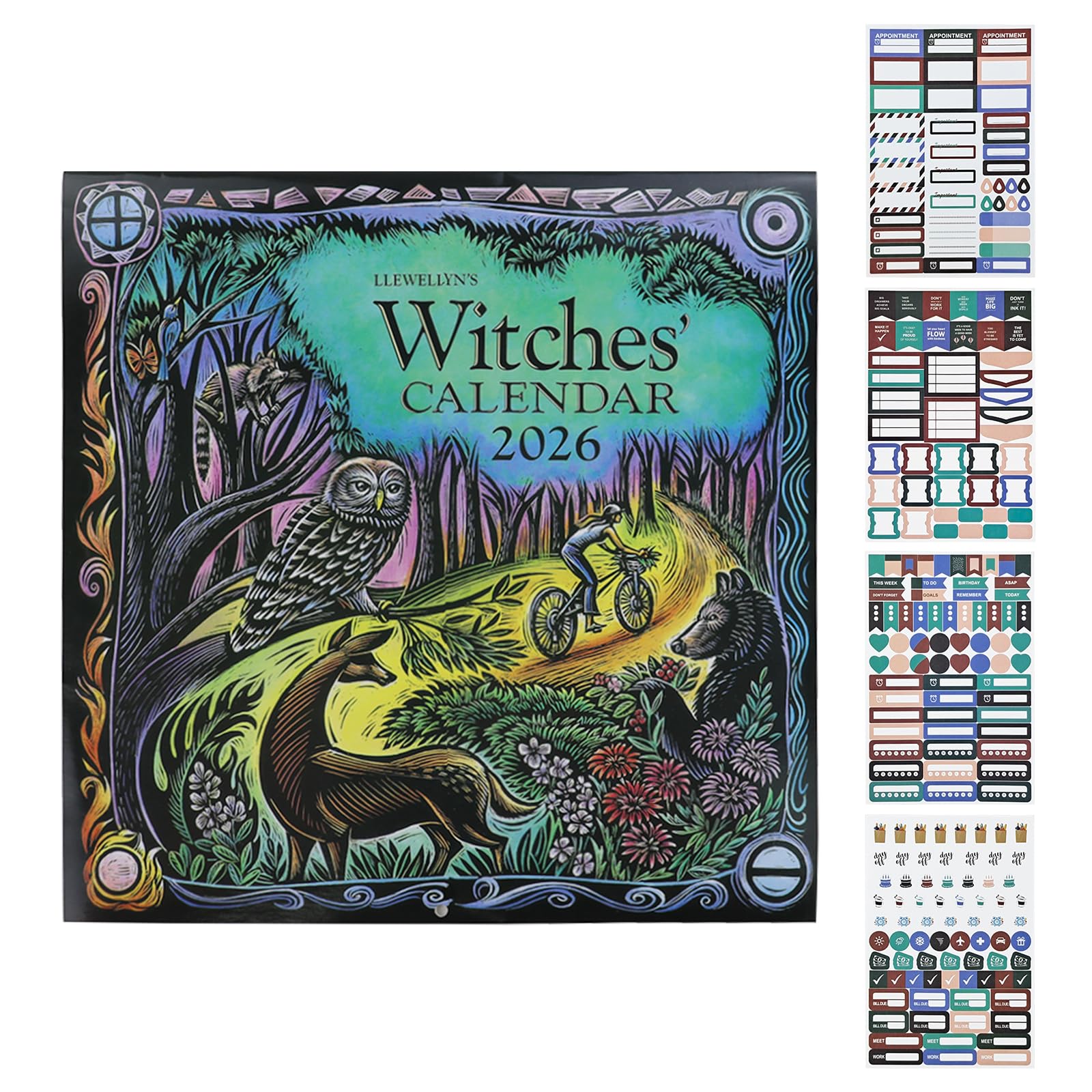 FuninCrea 2026 Witches Calendar, Wall Calendar 2026 with 4 Stickers, Funny Witch Calendars with Illustrations Stories Spells for Constellation Enthusiasts (Colour 4)
