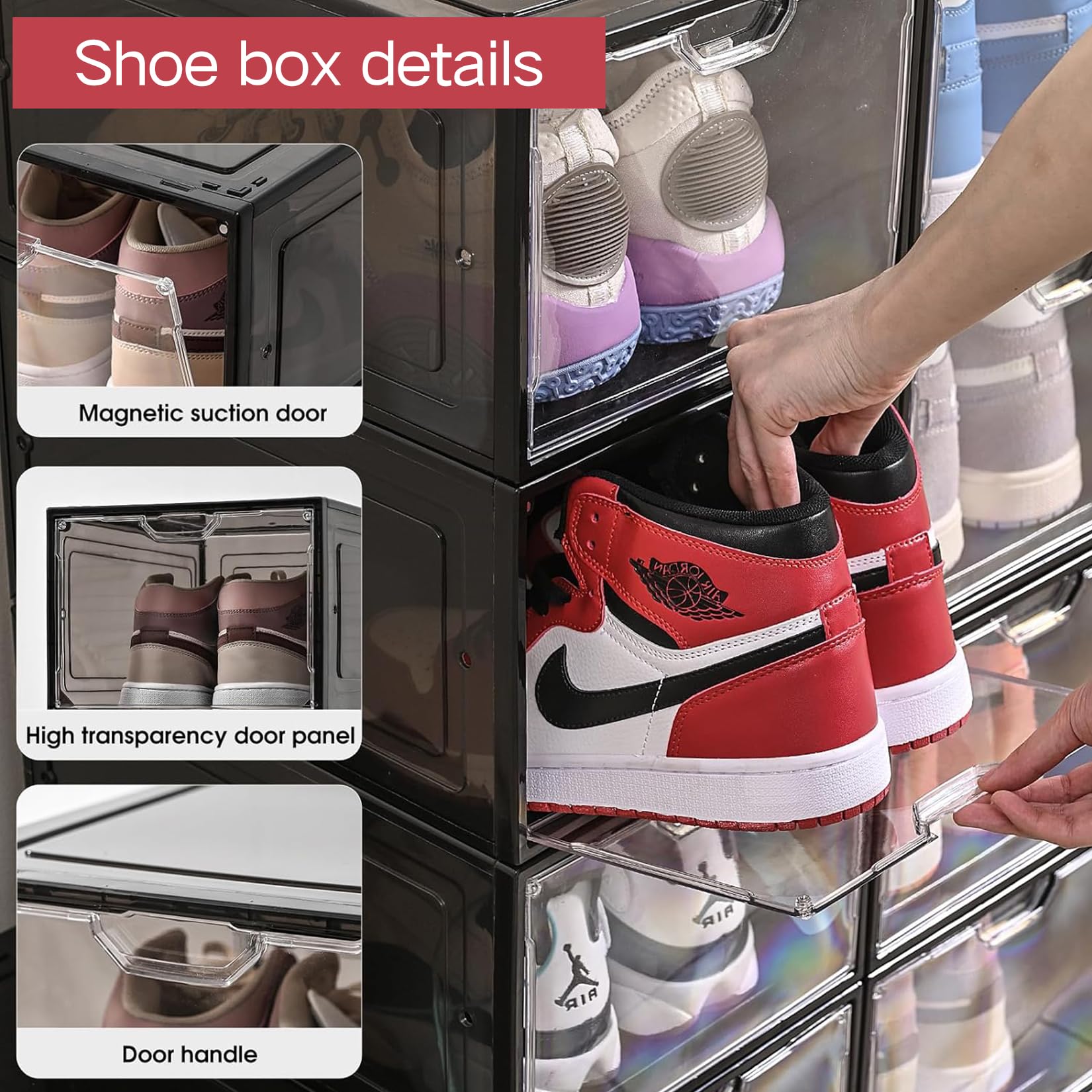 Cajas para Zapatos Transparentes, 6 Cajas de Zapatos,Organizadores Plegables,Apilables, para Exponer Zapatillas, Tacones Altos, Transparente y Negro con tapas para Mujeres/Hombres（33.5x25x18cm）