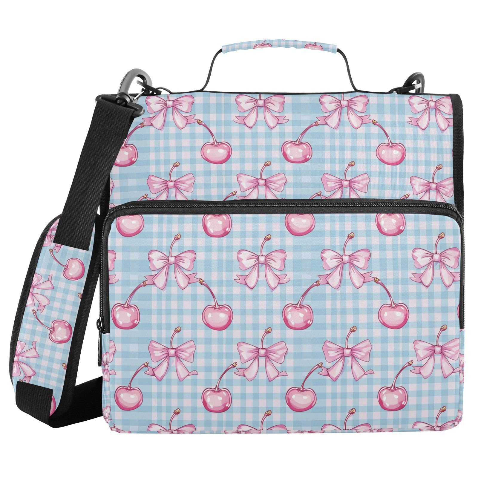 Zipper Binder With Shoulder Strap - 3 Ring Binder Holds 500 Sheets, Water-Resistant, Multiple Pockets (Cherry Blue Bow)