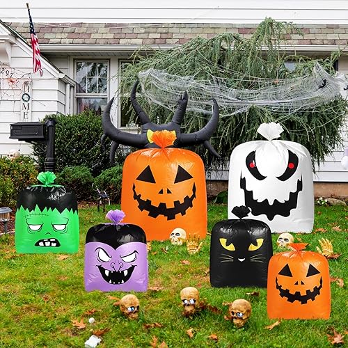 Miniatura 7 de Qilery 6 bolsas de césped de hojas de Halloween, bolsas de basura de calabaza de plástico para hojas con lazos giratorios para Halloween, patio,