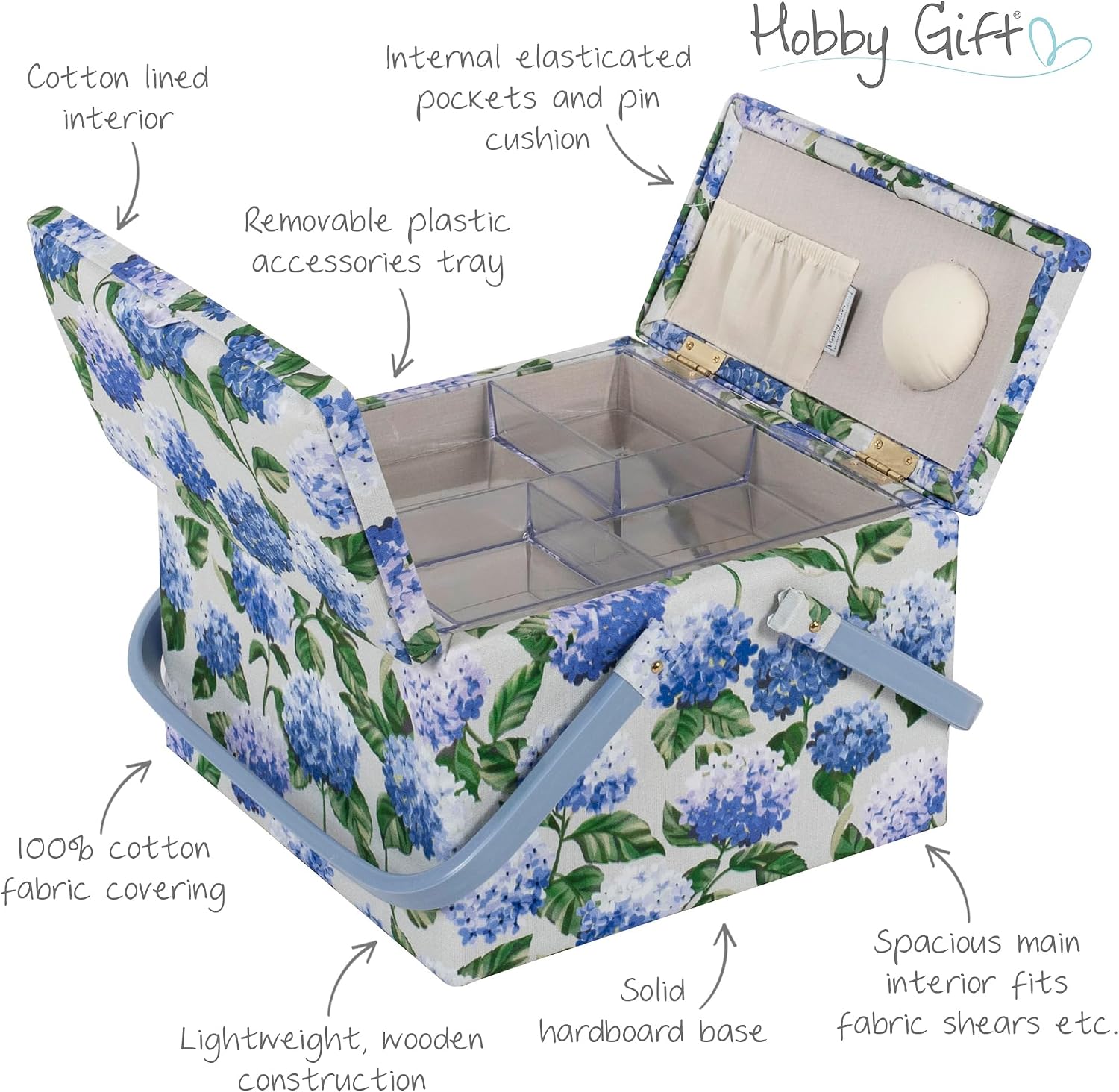 Hobby Gift Large Twin Lid Sewing Box Craft Storage Box with Handle Internal Tray Pin Cushion and Pockets for Sewing Knitting and Hobby Supplies