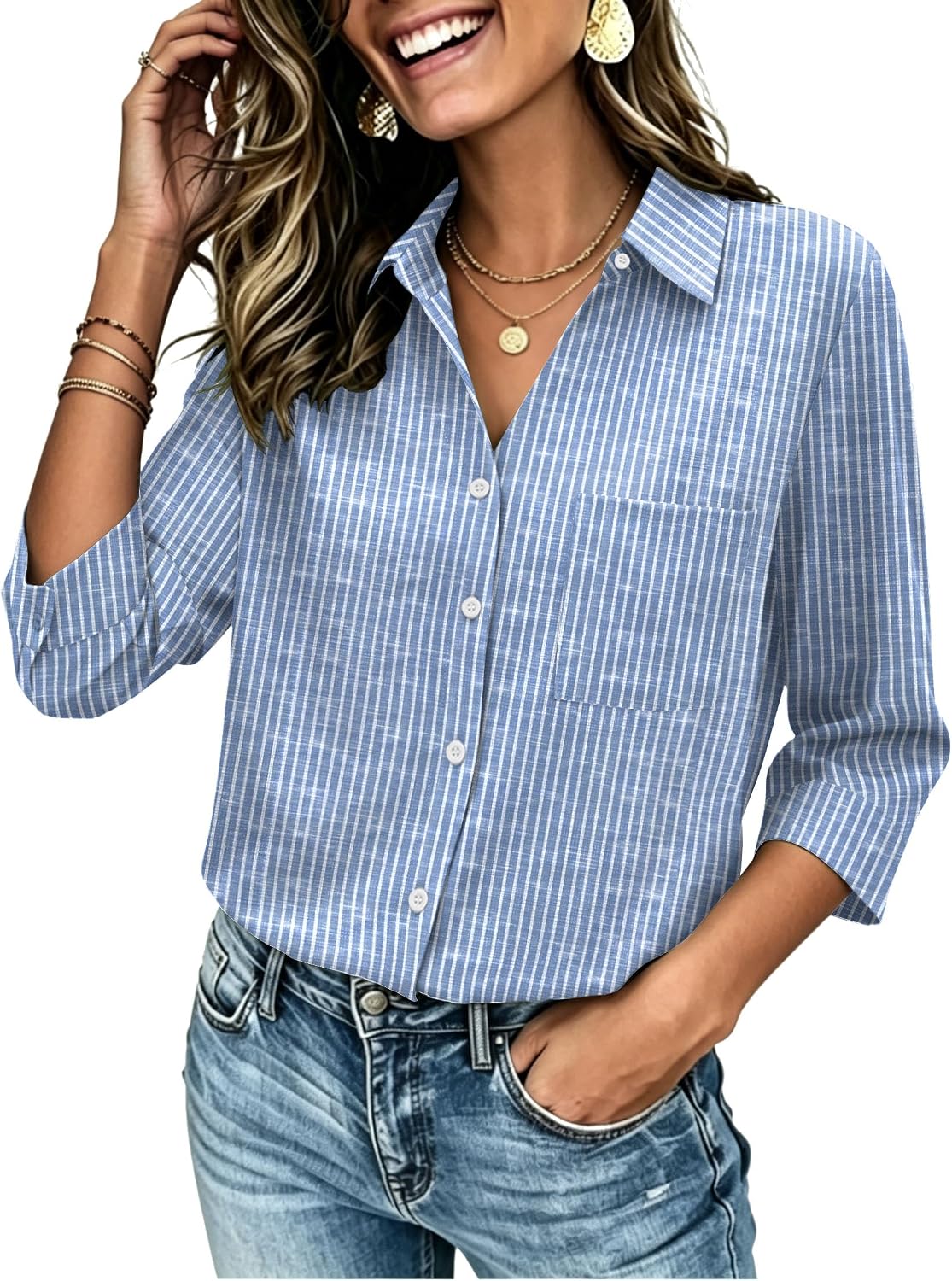 Zeagoo Women Button Down Shirt 3/4 Sleeve Blouses V Neck Tops