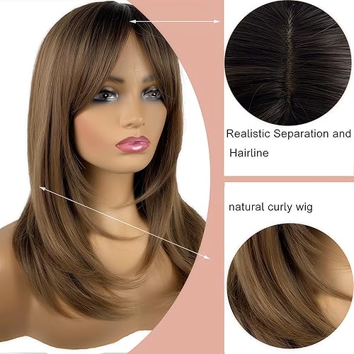 Miniatura 5 de Pelucas largas marrones para mujer, pelucas marrones con flequillo, peluca sintética de longitud al hombro en capas para fiestas diarias (20