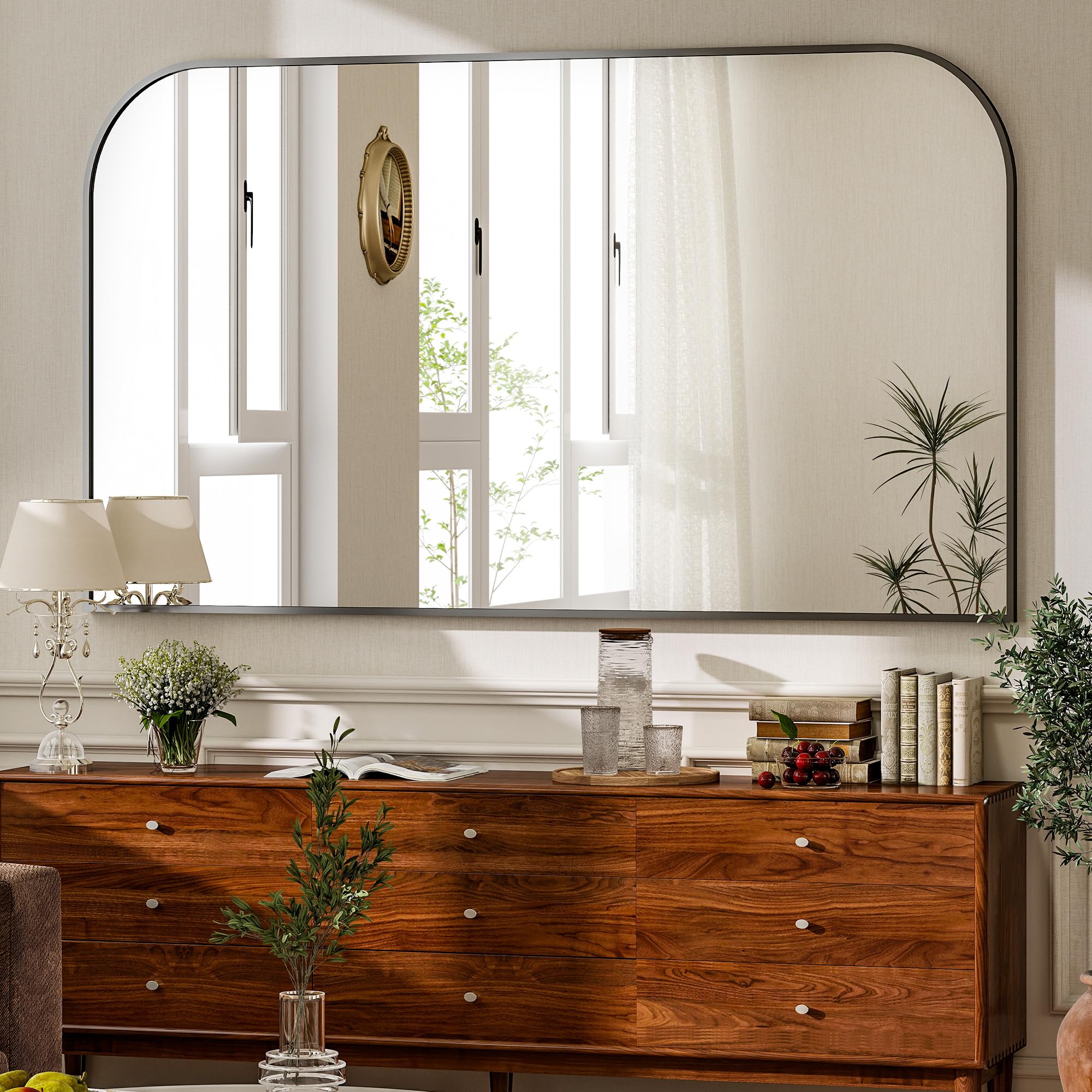 Koonmi Rounded Rectangle Bathroom Wall Mirror, 76 x 140 cm, Black