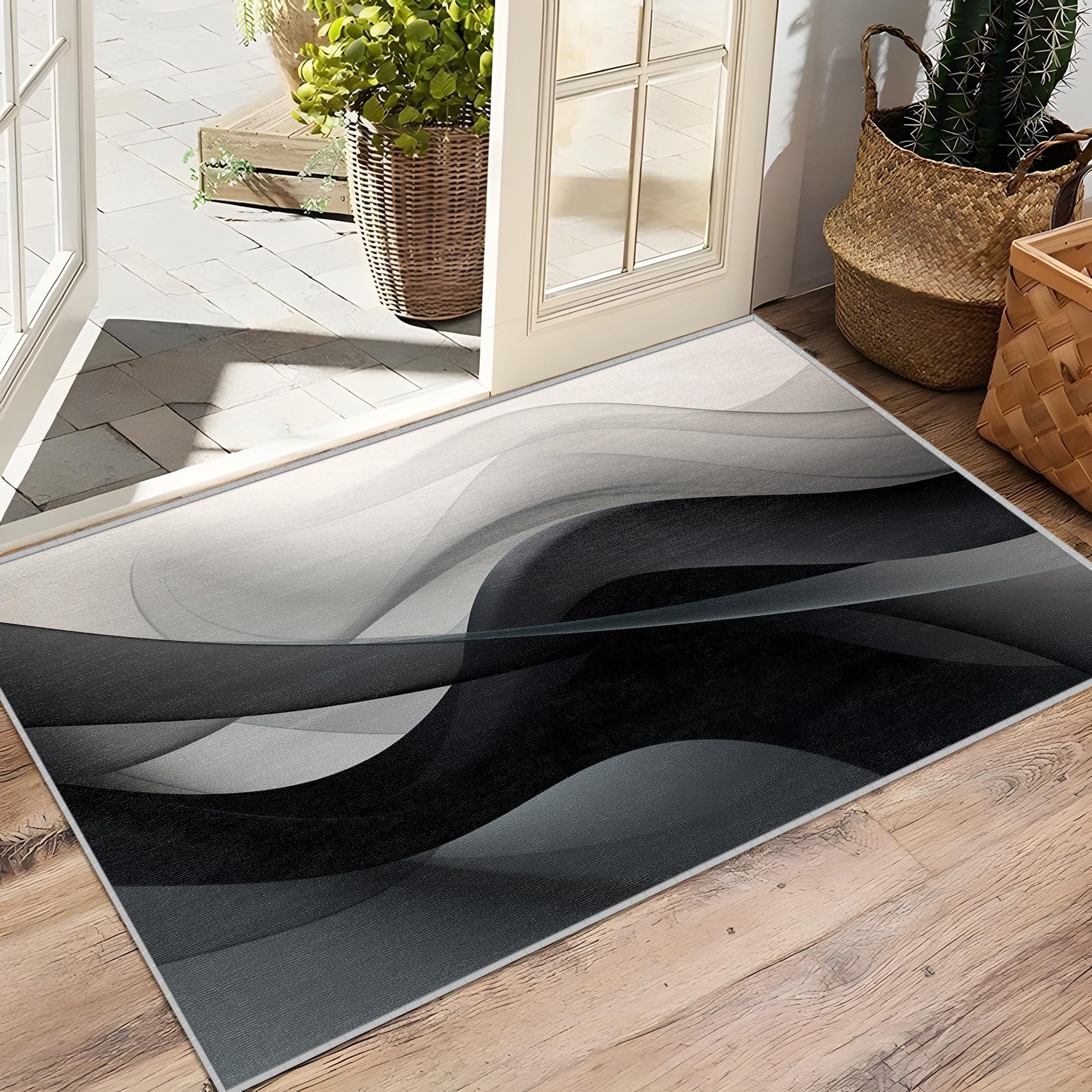 Wellen Deko, Moderne Wellen Gestreift Teppich 120x160 Kurzflor, Teppich Wohnzimmer Schwarz Weiß, Weich rutschfest Waschbare Teppiche, Bettvorleger Schlafzimmer Kinderzimmer