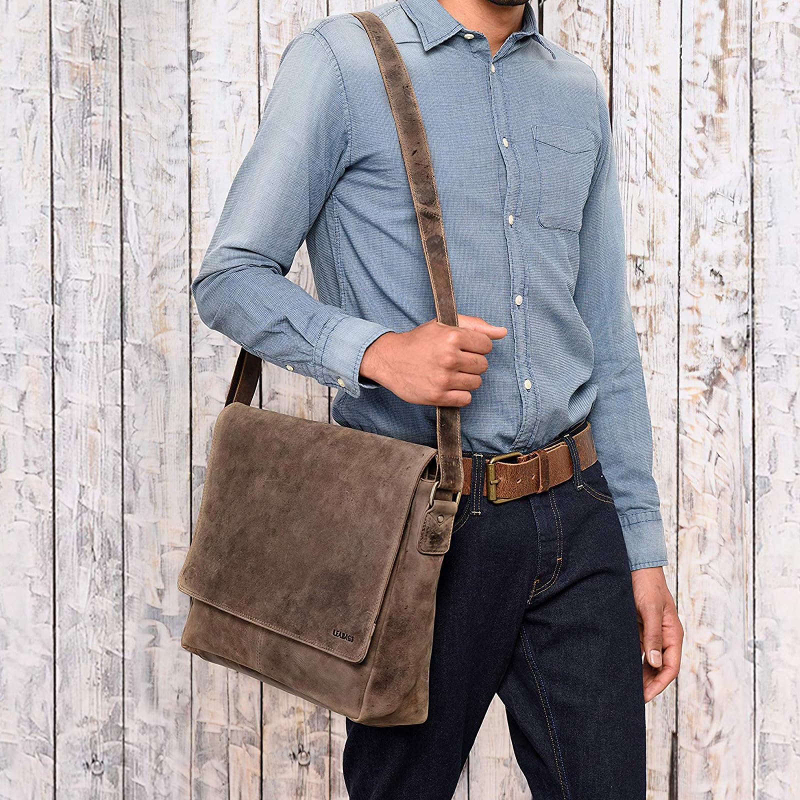 LEABAGS Messenger Bag, Acapulco Echtleder Aktentasche Herren & Damen, Leder Laptoptasche bis 15 Zoll, Umhängetasche mit Schultergurt 39 x 30 x 11 cm