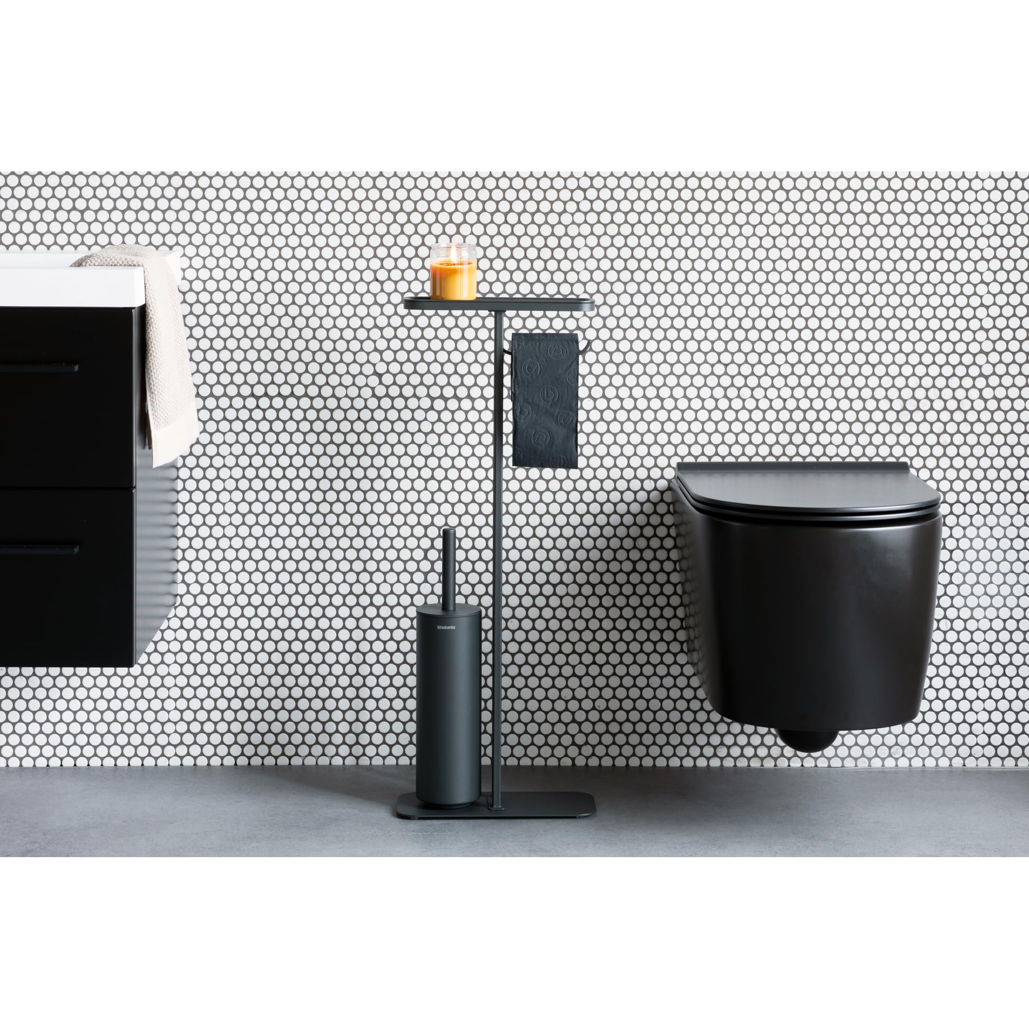 Brabantia - Mindset Mayordomo de Aseo - Estante de Baño, Portarrollos de Papel Higiénico & Escobilla de Inodoro Higiénica - Acero Resistente a la Corrosión - Gris Infinito - 75,5 x 12,5 x 29 cm