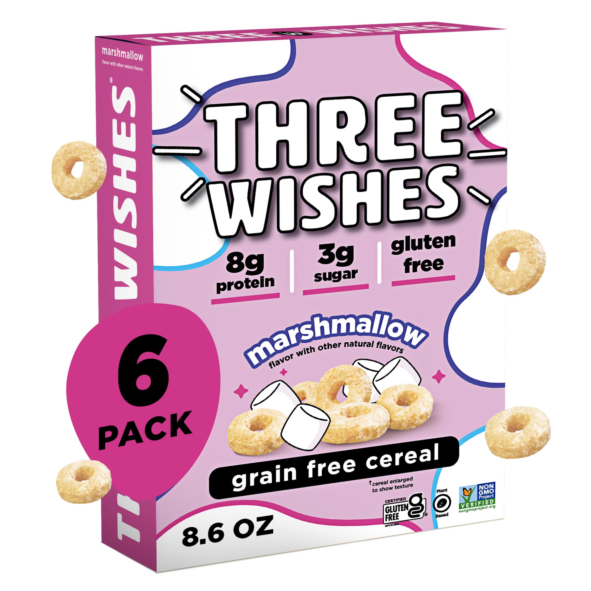 Three Wishes Grain-Free & Protein Cereal - Healthy, Low Sugar & Gluten-Free Breakfast Cereal - Low Carb, Plant-Based, Vegan & Non-GMO - Marshmallow, 6-Pack