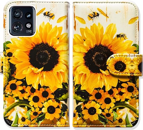 Bcov Funda para Motorola Edge Plus 2023, diseño de abeja de girasol con tapa para teléfono con ranura para tarjetas, soporte para Motorola Edge Plus