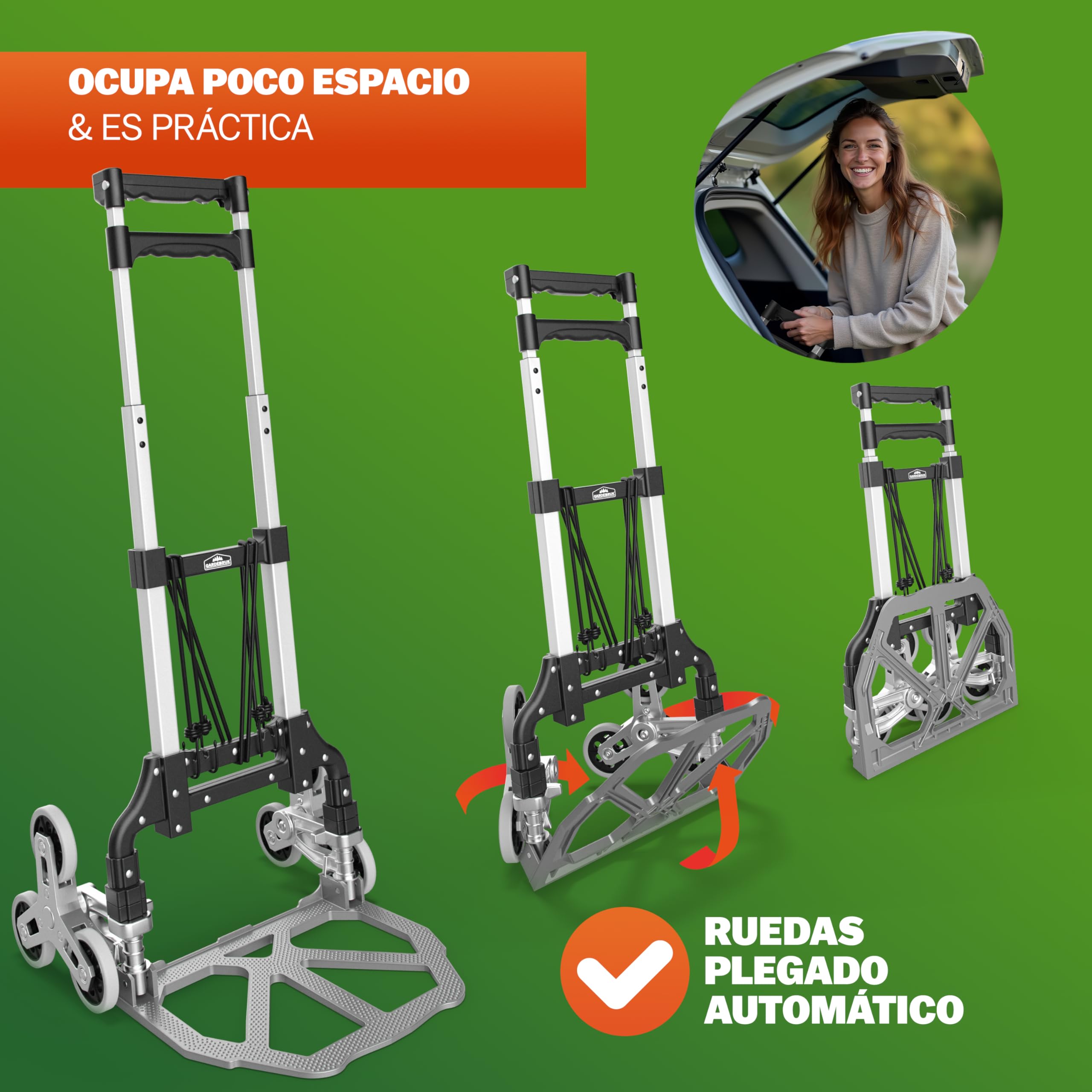 GARDEBRUK® Carretilla Plegable para Subir Escaleras hasta 80Kg Carro Transporte Mudanzas Aluminio Altura Regulable Ruedas Goma Maciza Incl. Guantes y Cuerdas Elásticas