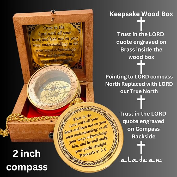 Brújula grabada de confianza en el Señor, caja de madera, regalo inspirador, bíblico, para hombres, bautismo, graduación miniatura 2