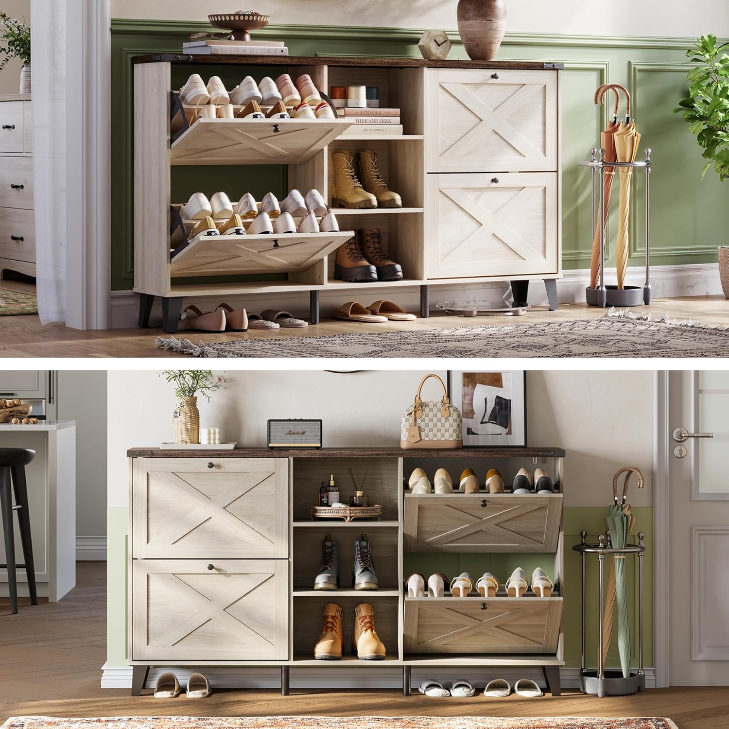 LINSY Shoe Storage Cabinet, Large Shoe Cabinet with Flip Drawers, Farmhouse Shoe Rack Cabinets for Boots, Wood Hidden Shoes Storage Organizer for Entryway, Front Door, Hallway, Washed White