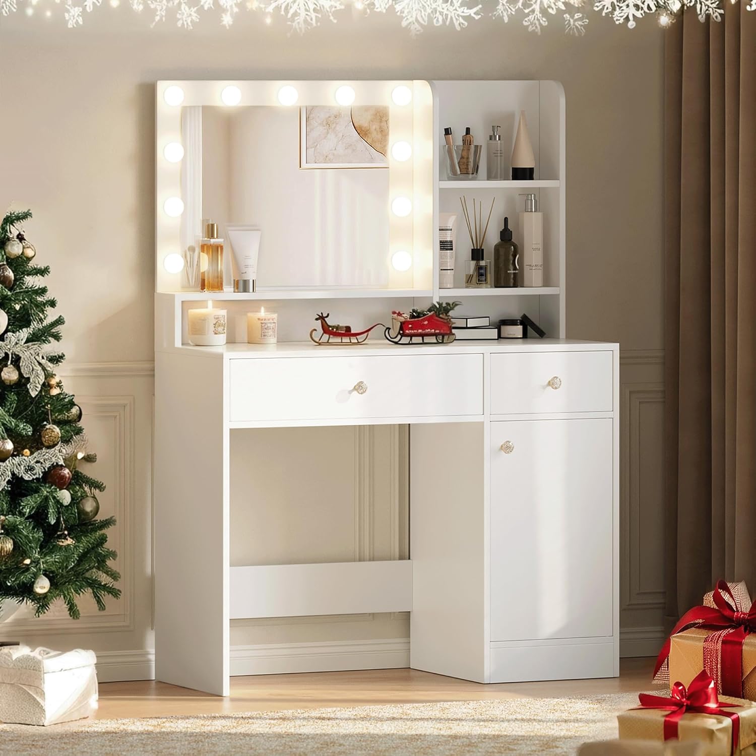 Vanity Desk with Mirror and Lights, Makeup Vanity Table with 3 Drawers & 5 Open Shelves, Adjustable 3 Colors LED Lighted for Women Girls Bedroom, Glam Up Your Vanity