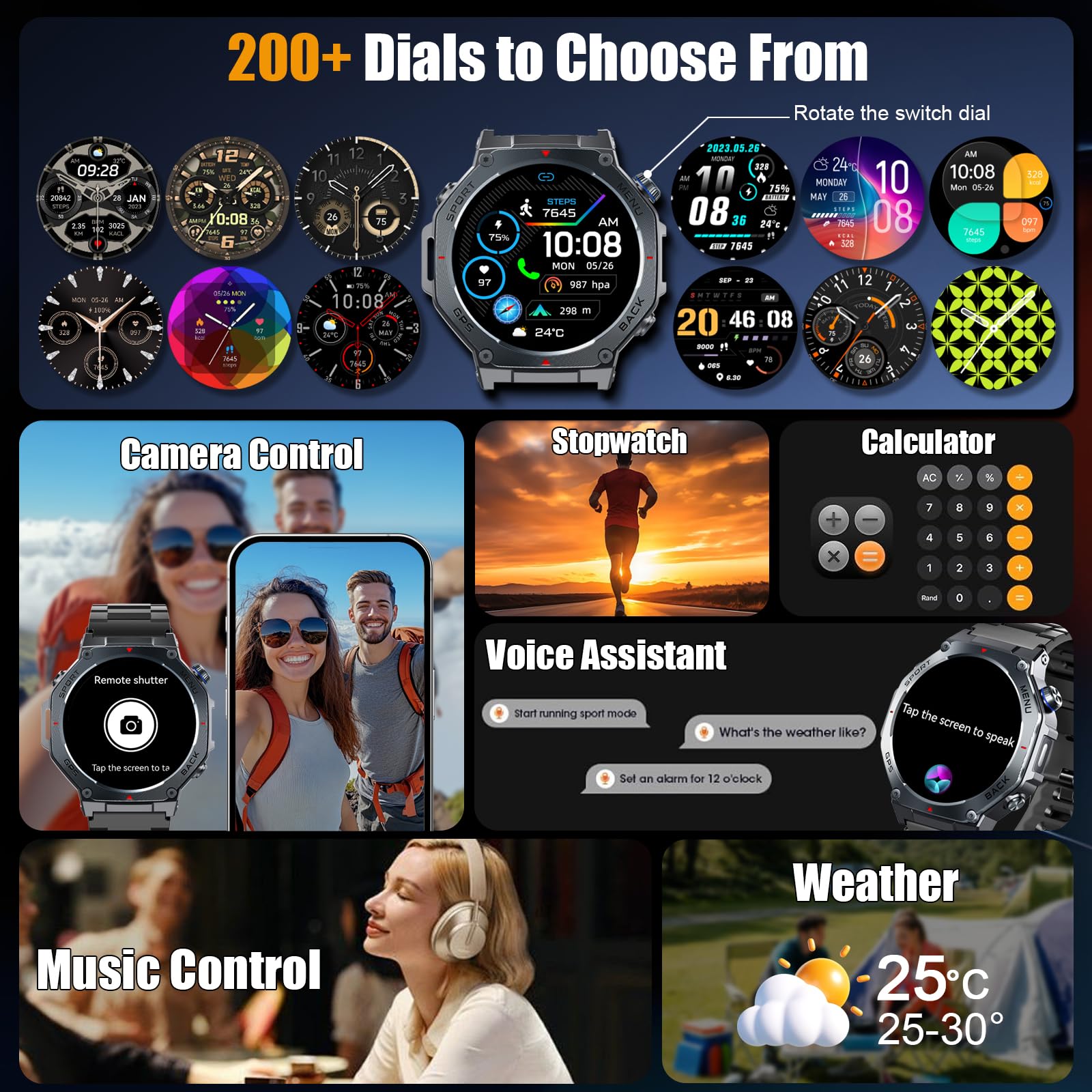 Reloj Inteligente Hombre con GPS, 1.43" AMOLED Militar Smartwatch con Llamadas Bluetooth/Podómetro/Monitoreo de Sueño/Pulsómetro/SpO2, 5ATM smart watch 160+ Deportes Pulsera Actividad para Android iOS