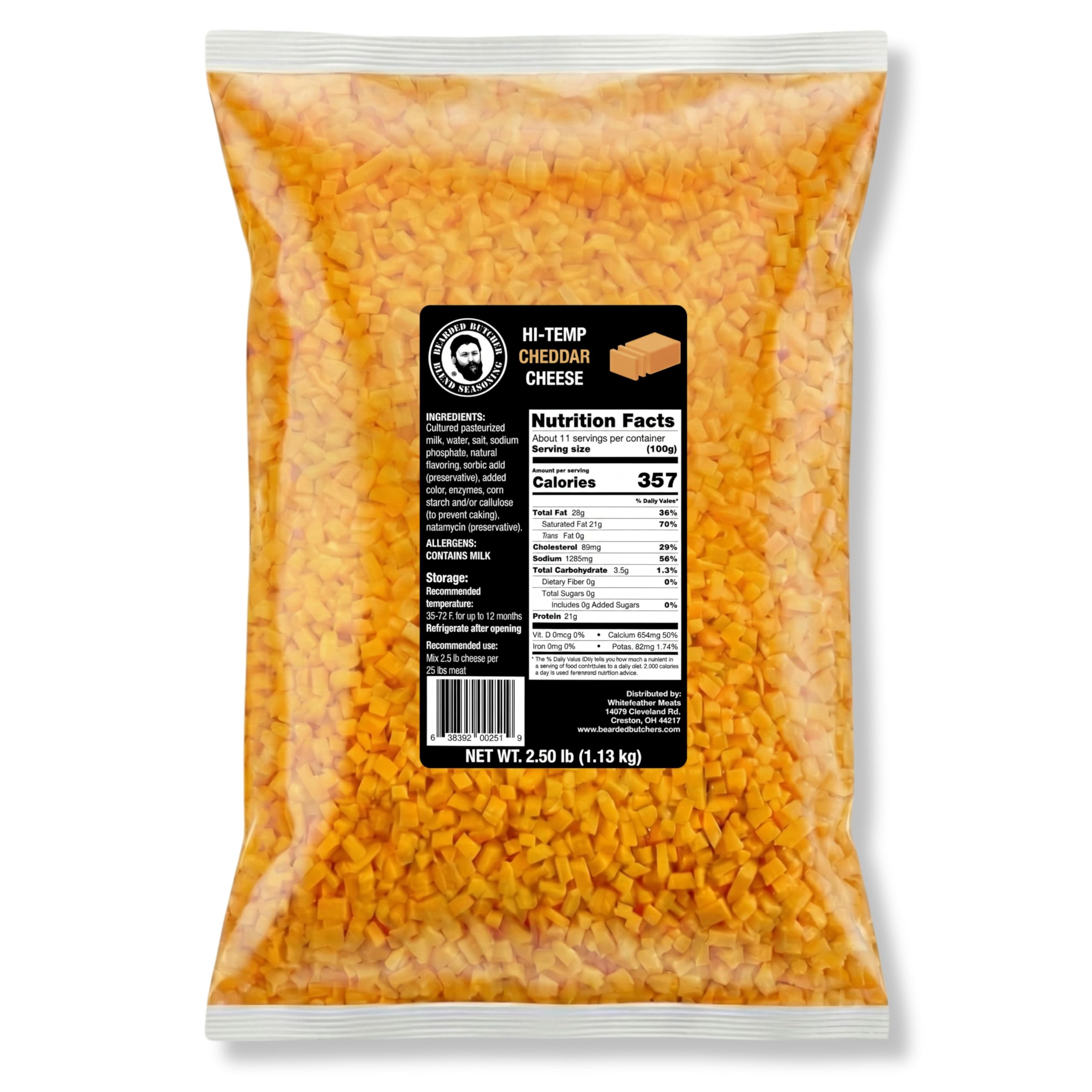 Bearded Butchers High-Temp Cheddar Cheese 2.5 lbs – Shelf-Stable 1/4" Cubes for Up to 25 lbs of Meat, 400°F High-Temperature Cheese – Ideal for Sausage Making, Brats, Snack Sticks, Burgers, and More