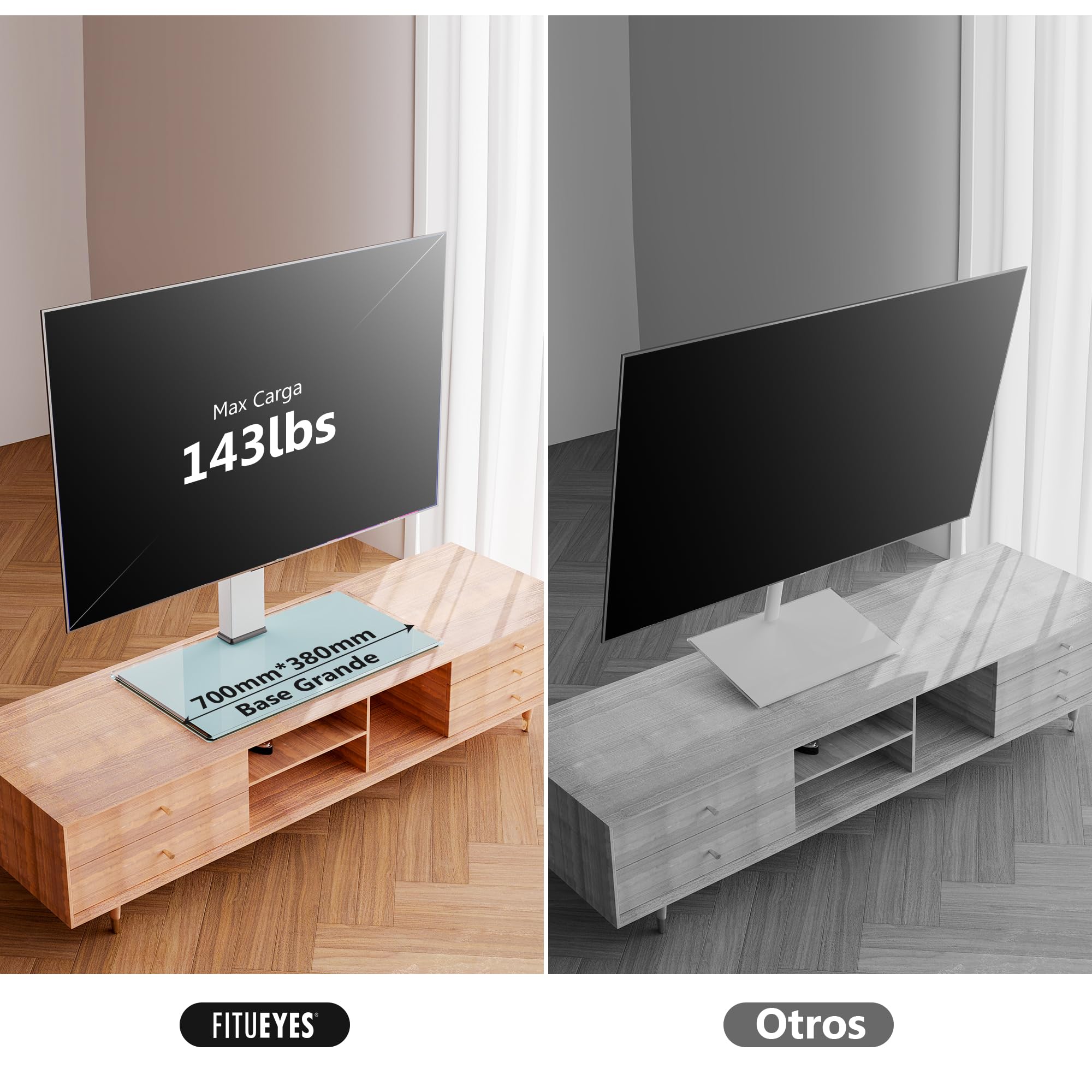 FITUEYES Soporte TV Pie Blanco para Pantalla de 50 a 85 Pulgadas hasta 50kg, Soporte TV Universal con Base de Crista, Altura Ajustable & Giratorio, MAX VESA 600x800mm Carga 50kg