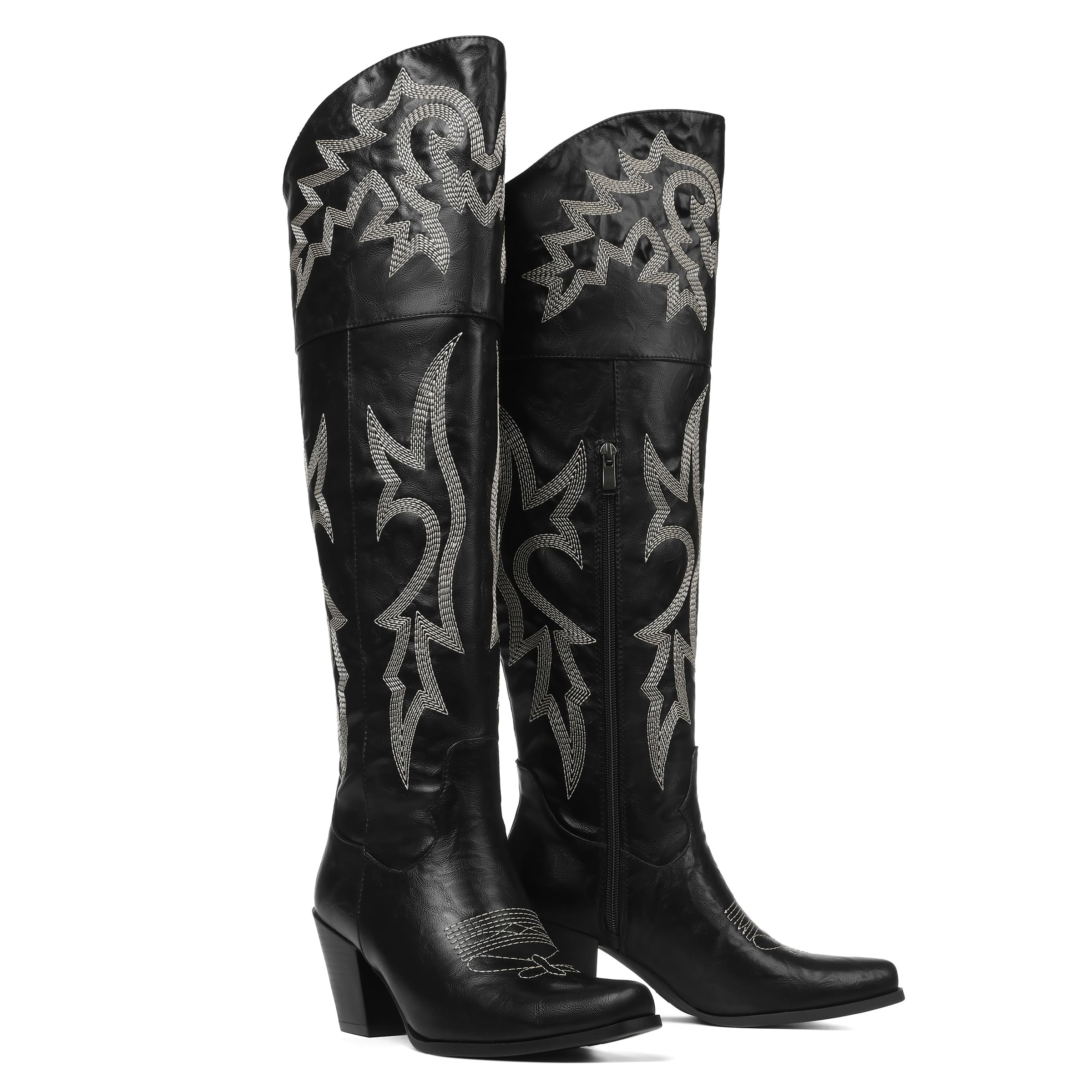 Eteridrey Stivali sopra il ginocchio da donna, stivali da cowboy a punta, stivali alti e spessi, classici ricamati, stivali western, per l'autunno