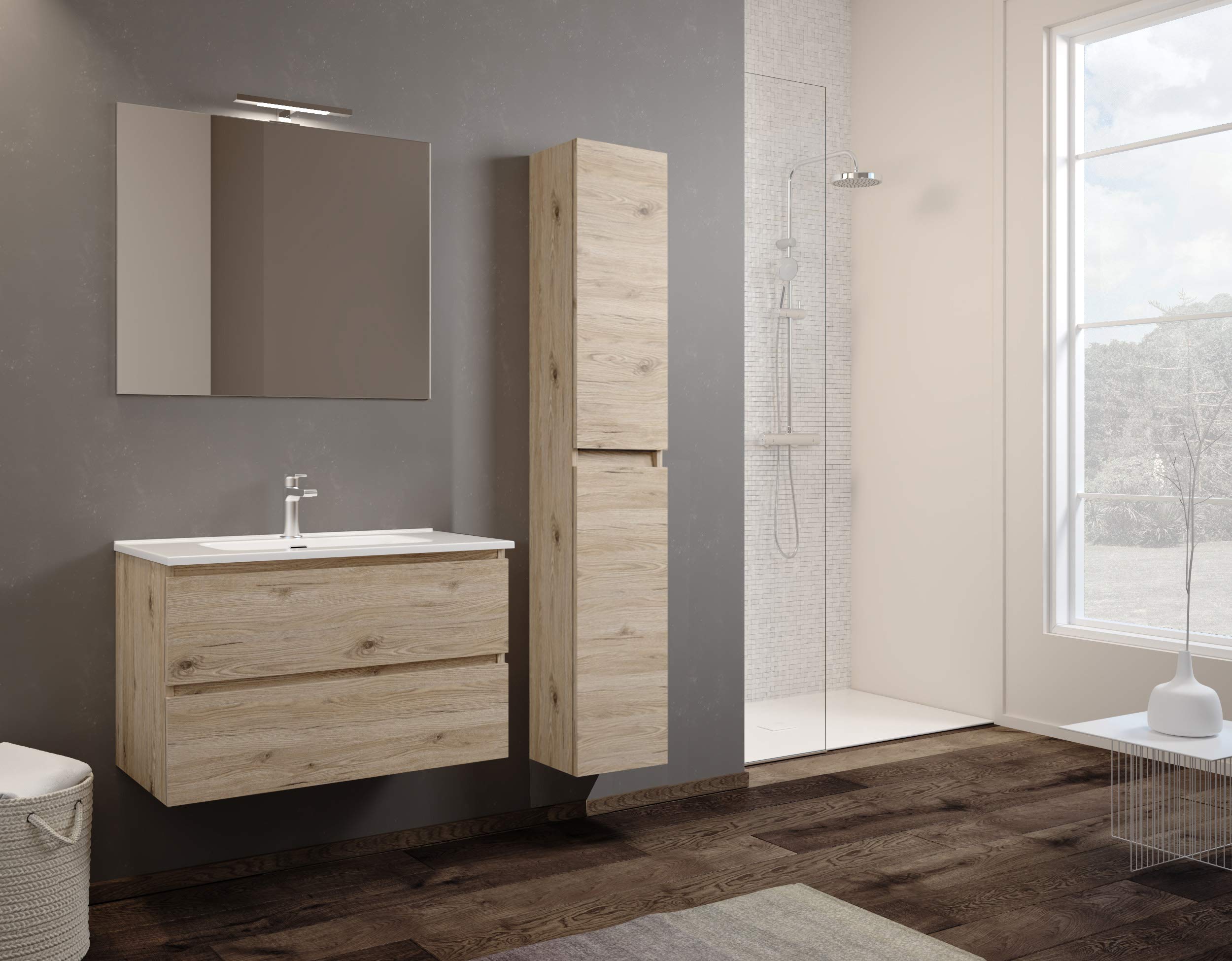 MaMa Store Atena Mobile sospeso con lavabo, specchio e lampada LED, Laminato, Quercia Naturale L. 81 X P. 47 X H. 53 Cm