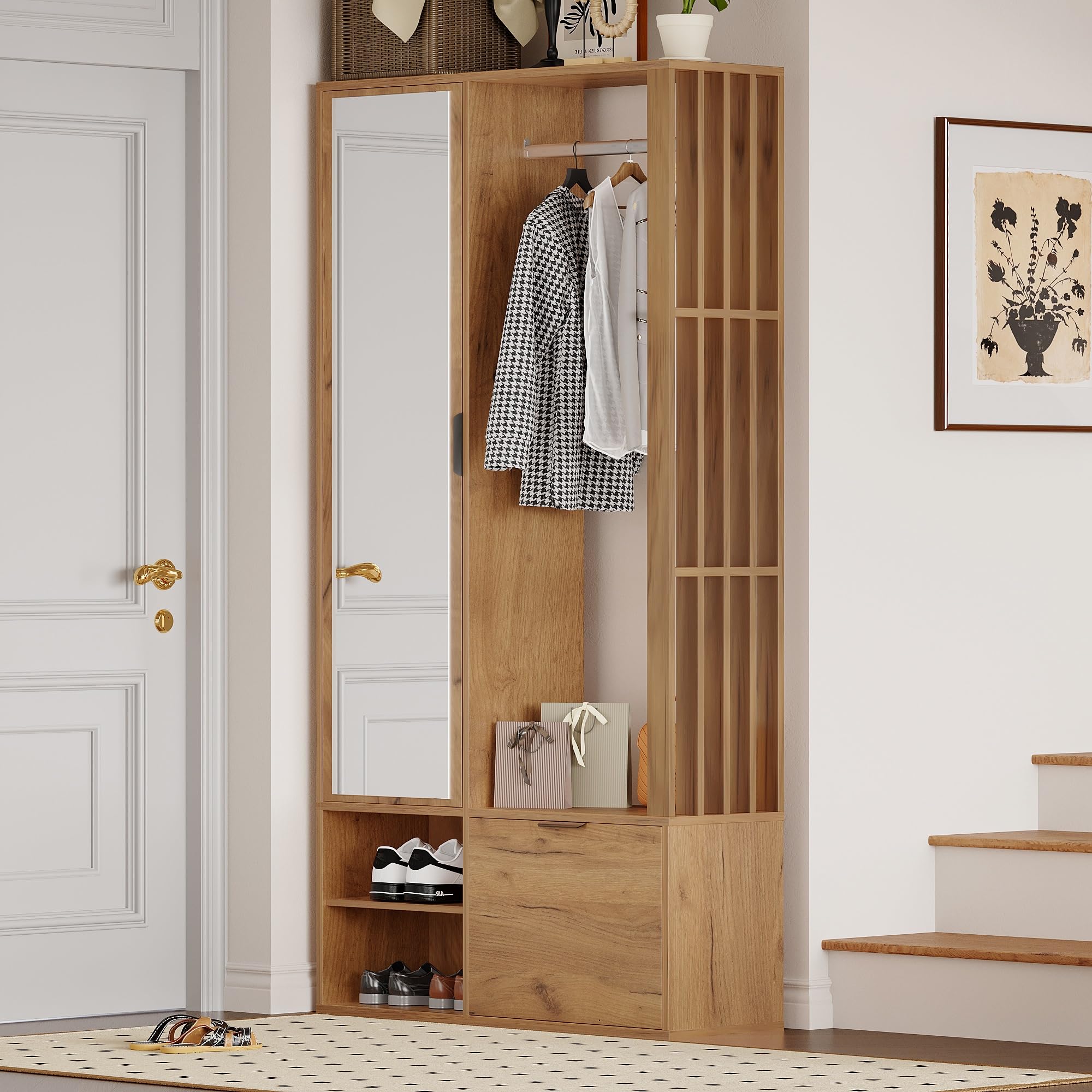 Merax - Armoire de couloir moderne 100x33x190 cm – Meuble de couloir 6-en-1 avec miroir, armoire à chaussures, porte-vêtements ouvert, étagère et banc – Armoire en bois pour l'entrée et le couloir