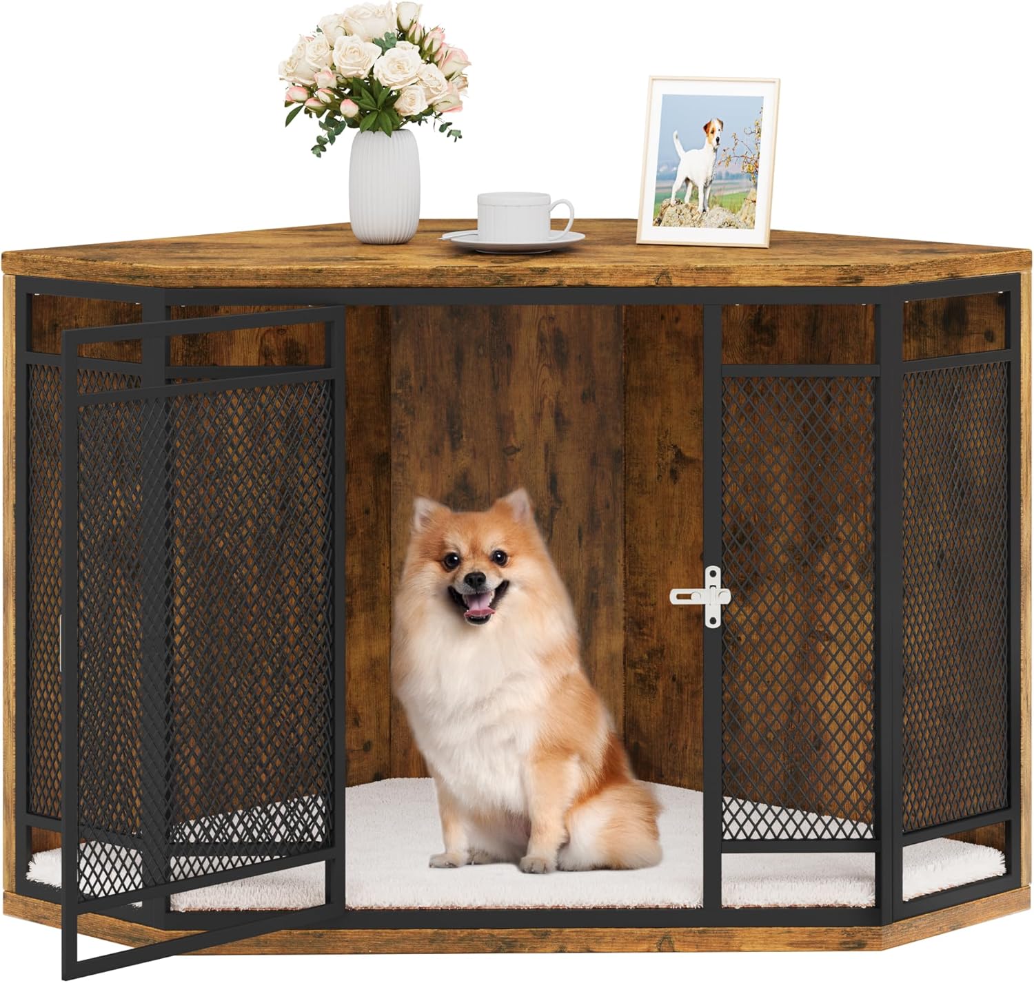YITAHOME Corner Dog Crate Furniture, 43.7 inch Wooden Dog Crate End Table with Metal Mesh, Dog Kennel Furniture for Small Medium Dogs, Brown