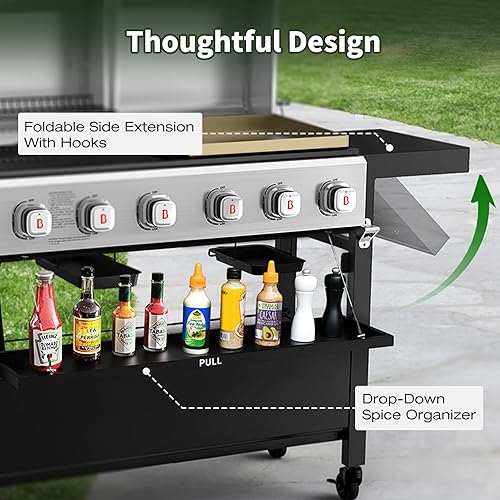 Miniatura 7 de Brand-Man - Combo de parrilla de 6 quemadores, parrilla de gas propano versátil 2 en 1 con tapas dobles de acero inoxidable, combo de barbacoa para