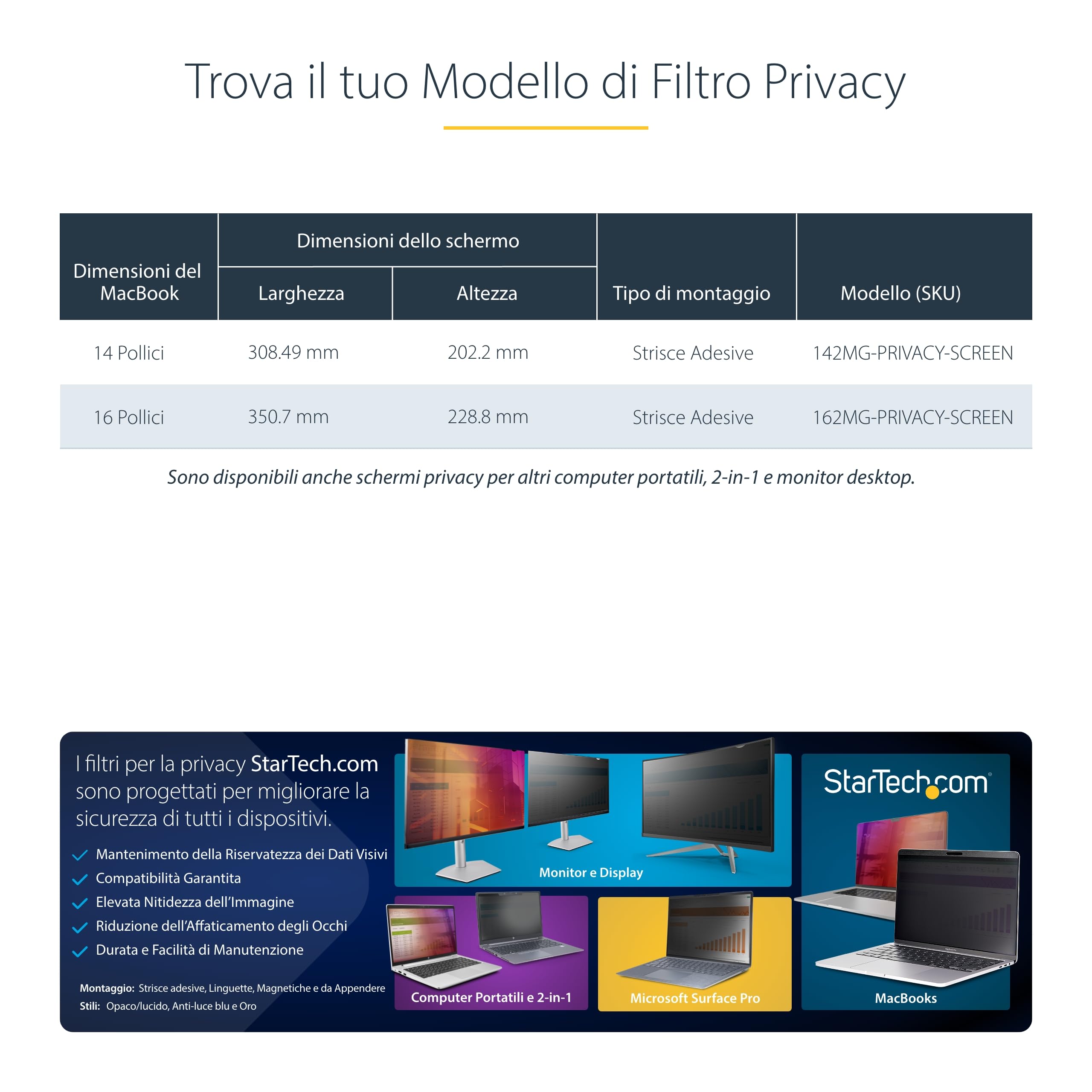 StarTech Filtro Privacy per MacBook Pro 16" Antiriflesso, Opaco/Lucido Oro | Doppia Finitura, Pellicola Protettiva, Rimovibile
