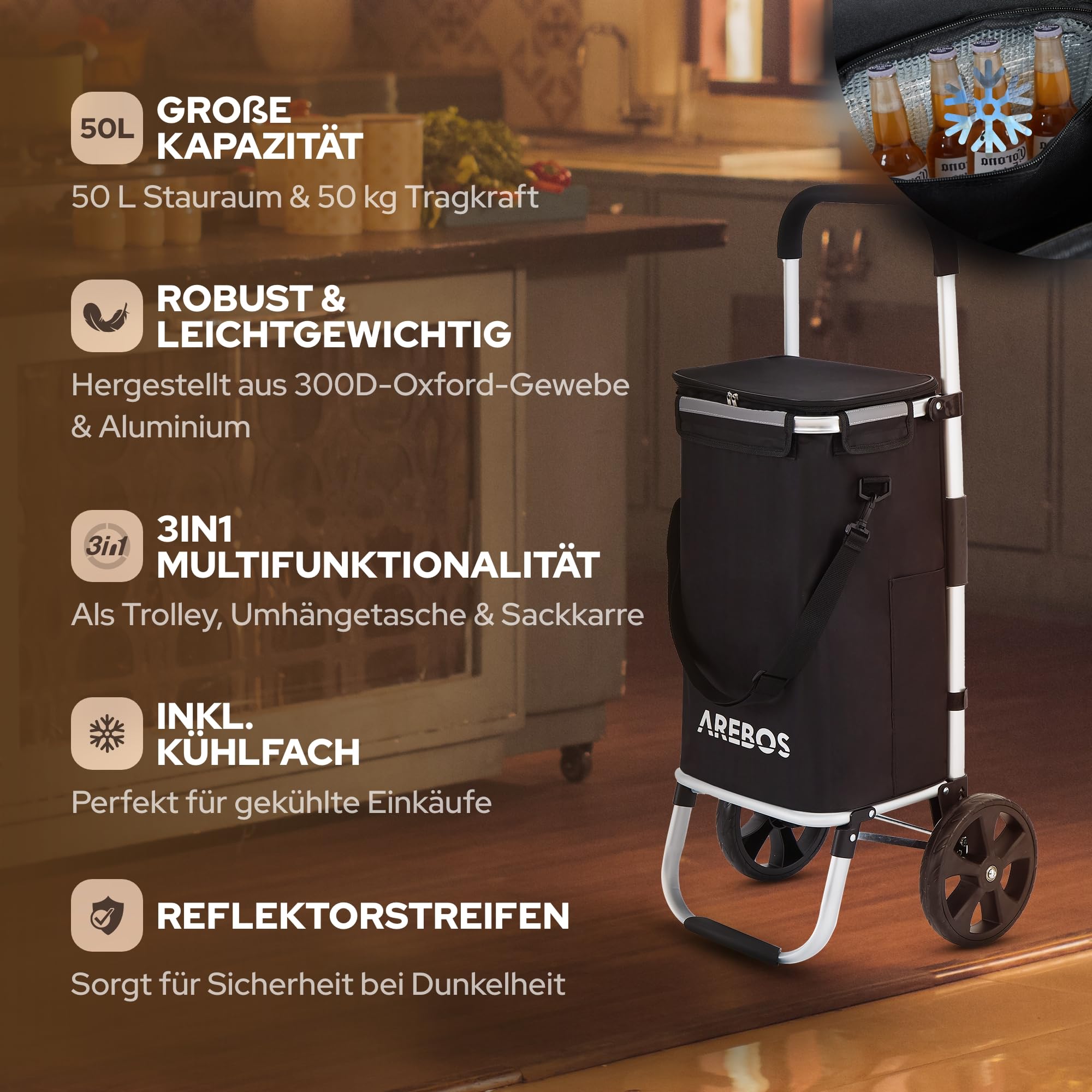 Arebos 3in1 Einkaufstrolley | Trolley groß 56 Liter | Einkaufswagen mit Kühlfach | Einkaufstasche mit Rollen | Klappbarer Shopper | klappbar Tasche abnehmbar | Einkaufsroller, Handwagen | Schwarz