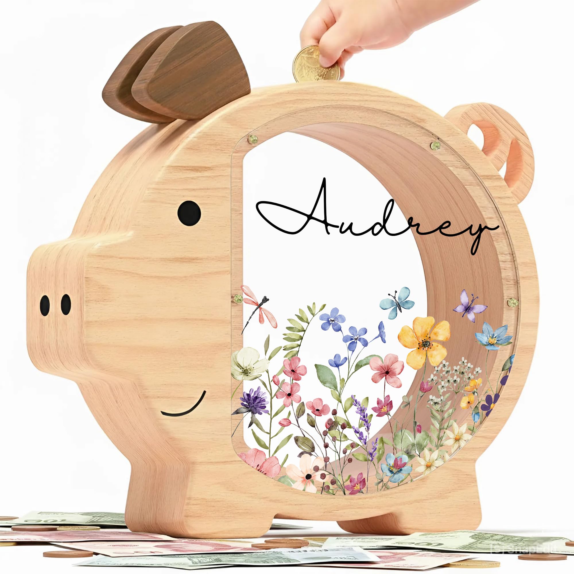 Personalized Piggy Bank, Wooden Money Banks for Kids, Custom Gifts for Boys and Girls, Personalized Piggy Bank for Girls (Wildflower DK01)
