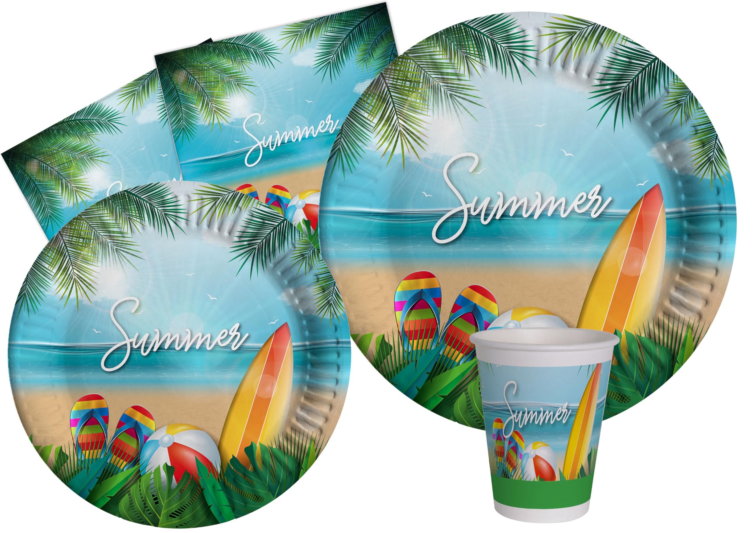 Party Tableware Set Summer Party for 24 people (112 pcs: 24 plates Ø23cm, 24 plates Ø18cm, 24 cups 200ml, 40 napkins 33x33cm) in eco-friendly compostable paper