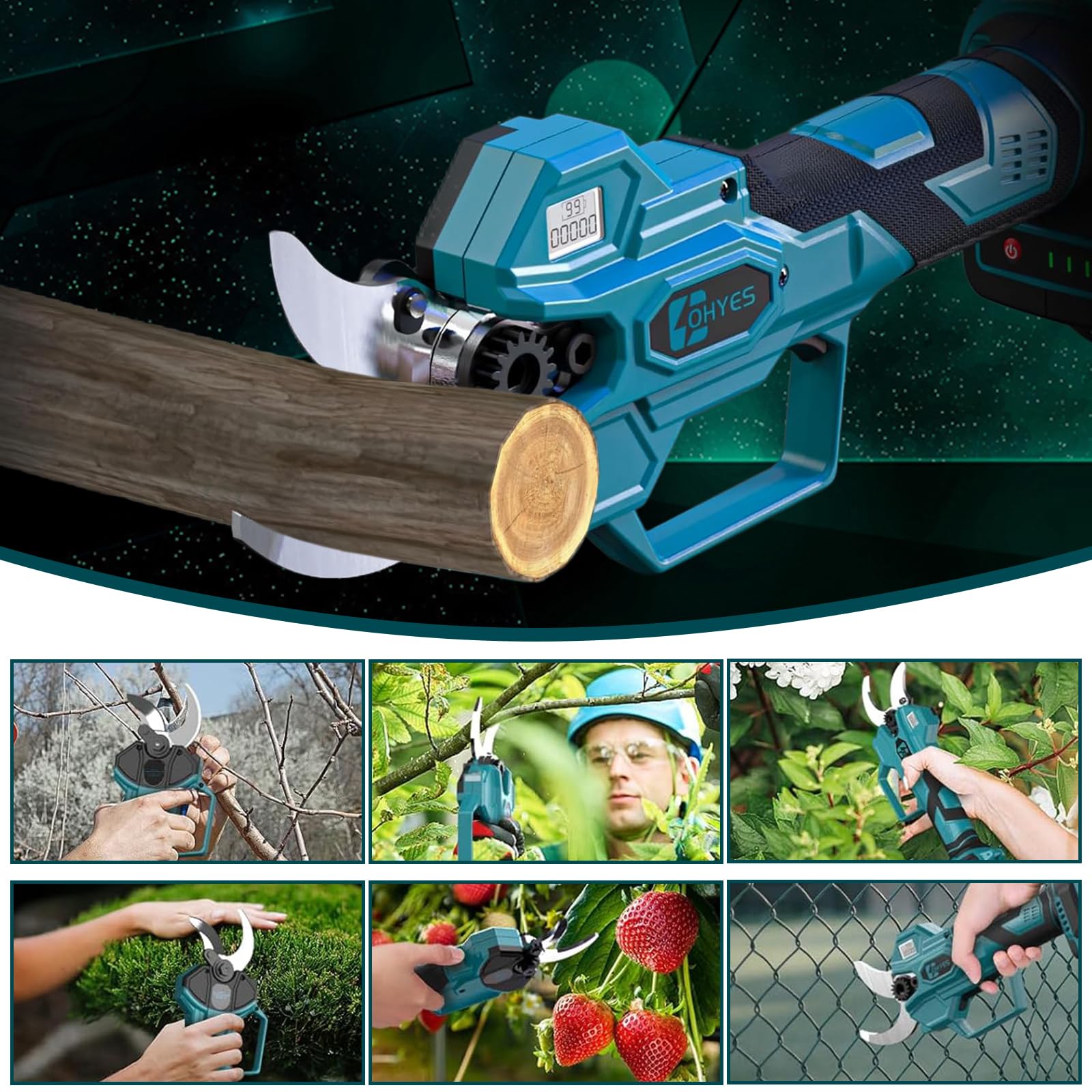 Akku Astschere Elektrische Gartenschere für Makita 18V, Kabellos Akku Gartenschere Max 65mm 4 Gängen Bürstenlose Astschere mit LCD-Display für Zweige, Sträucher, Stämme, Obstbäumen