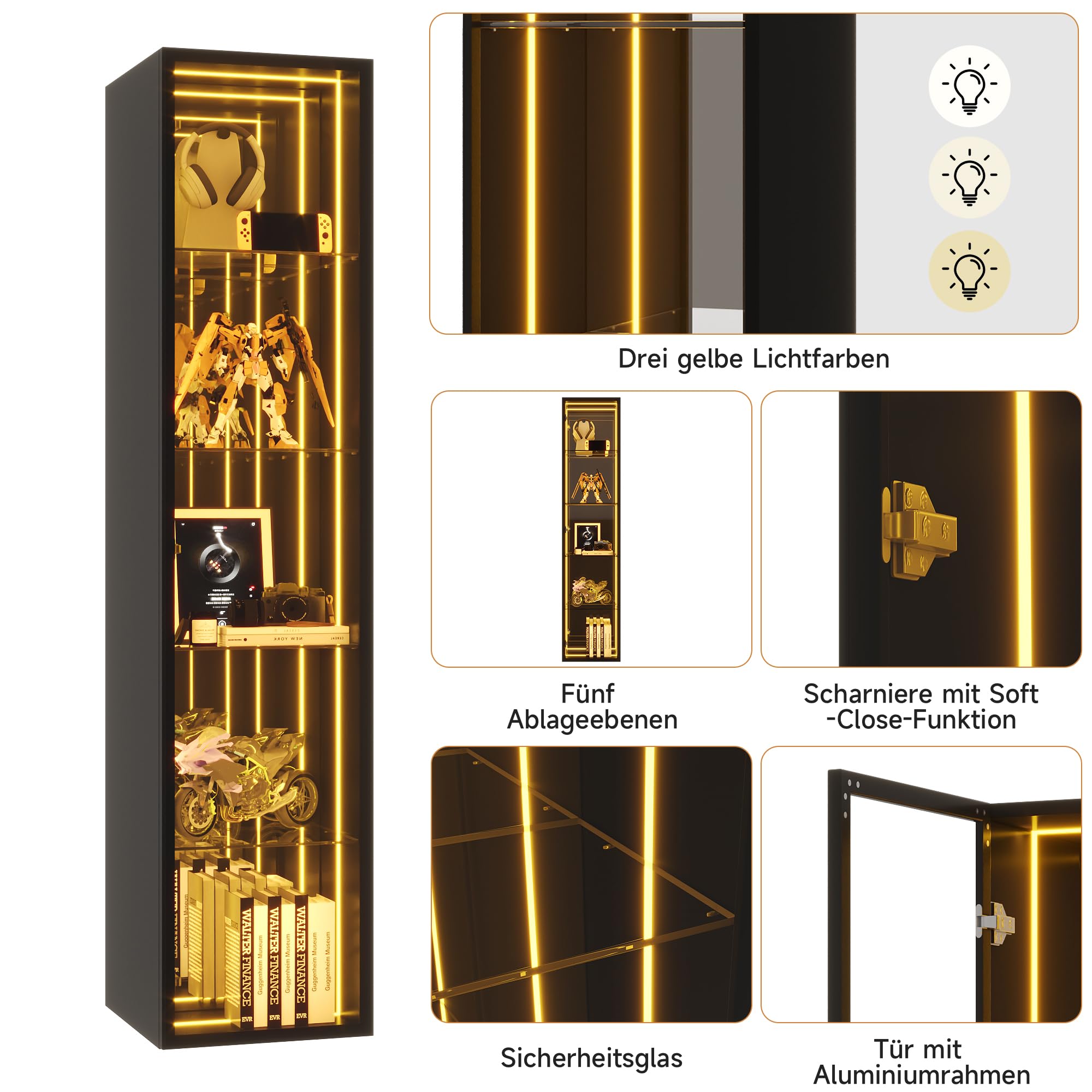 BTM Glasvitrine mit LED Beleuchtung, Aluminiumrahmentür Vitrinenschrank Stehend Wohnzimmer Vitrine Schmal Schwarz 5 Fächer