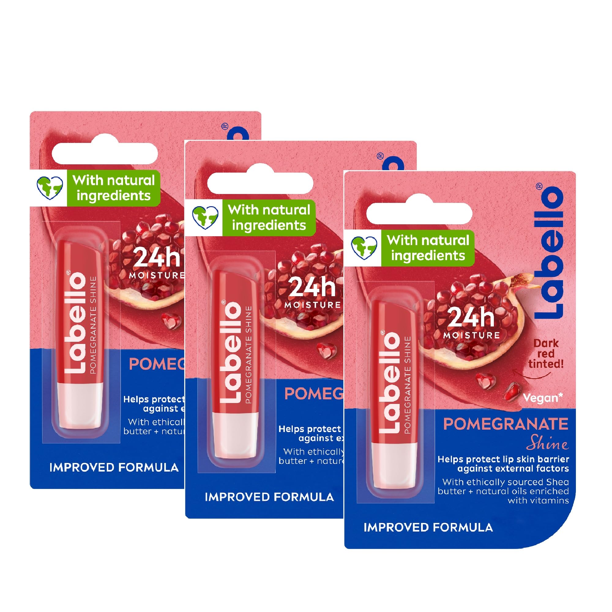 Labello Lip Balm, Moisturising Lip Care, Pomegranate Shine, 3x4.8g