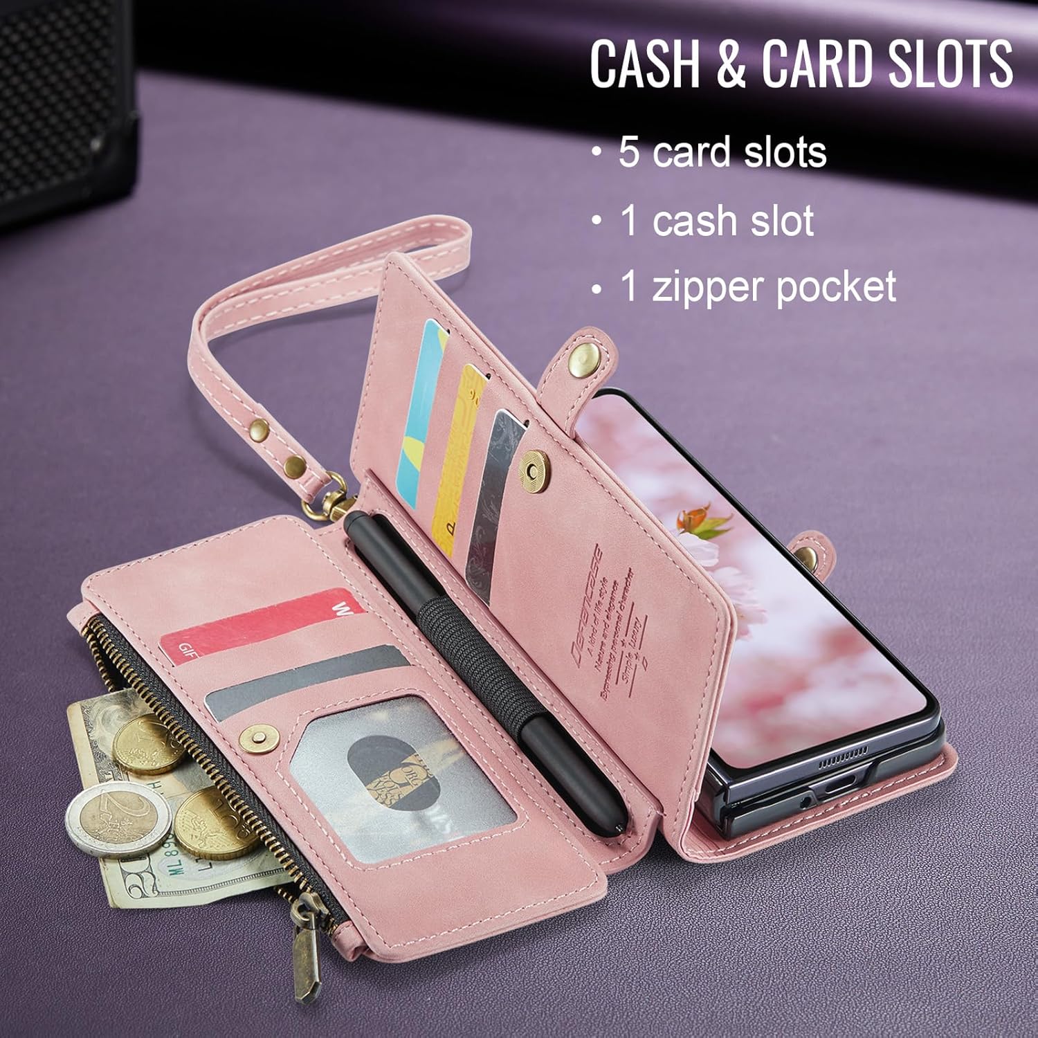Defencase Wallet Case Compatible with Samsung Galaxy Z Fold 3 with RFID Blocking Card Holder & S Pen Holder PU Leather Magnetic Snap Flip Zipper Strap Phone Case Fit for Galaxy Z Fold 3, Rose Pink