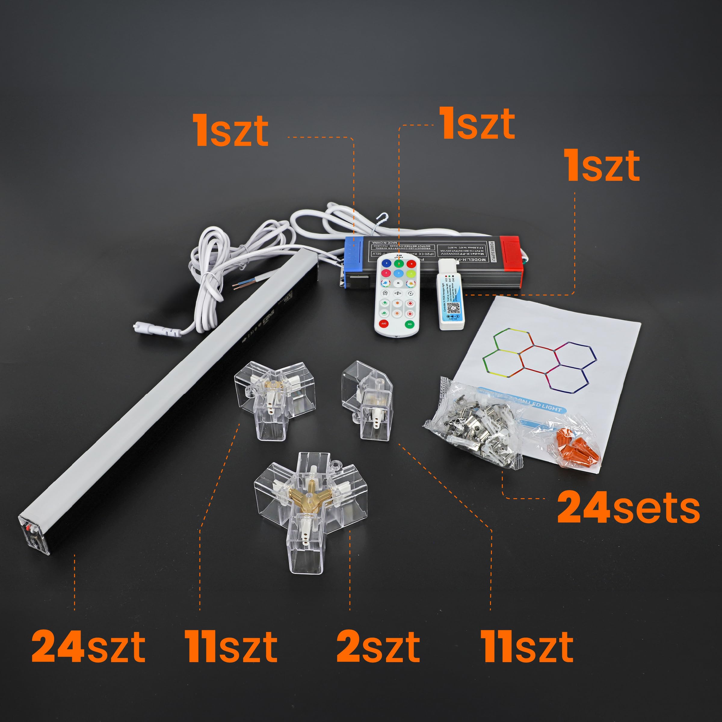 Hexagon LED Deckenlampe 205x142 cm – 24er Set Werkstattbeleuchtung 144W 16560lm – RGB – IP54 flimmerfrei – LED Garagenbeleuchtung, Tattoo, Detailing, Schwarz, APP, (205 x 142CM, RGB, 144W)
