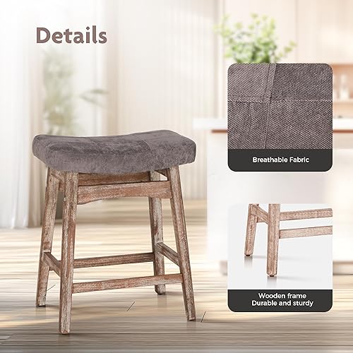 Miniatura 12 de ALPHA HOME Juego de 2 taburetes de bar, taburetes de cocina de madera maciza con cojín de piel sintética gris, taburetes de bar con base de madera