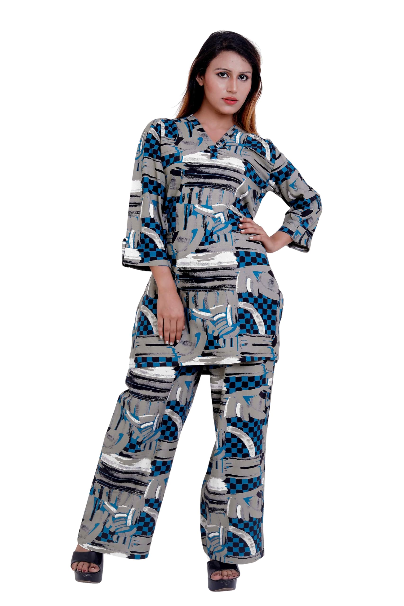 Women's Rayon Co-Ord Set | Bold Abstract Geometric Print Tunic with V-Neckline & Full Sleeves | Wide-Leg Palazzo Pants | Blue Grey Black White Casual Office Wear-image-15