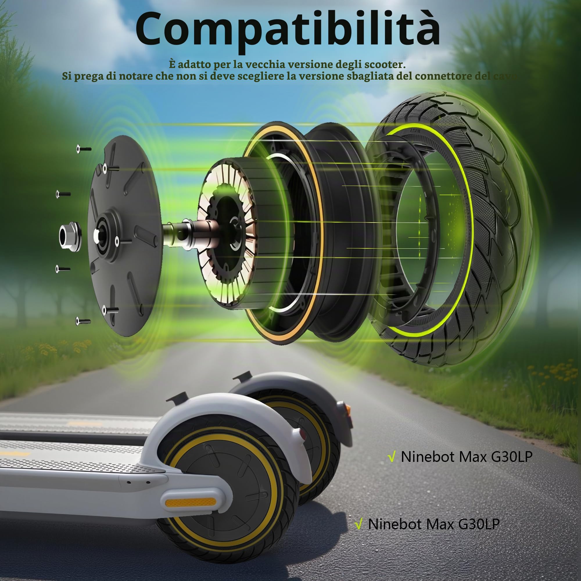 Motore Centrale da 10 Pollici con Pneumatico Fisso, Set di Ruote da 500 W senza Camera d'Aria, Progettato per il Monopattino Elettrico Segway Ninebot Max G30P/G30LP - Dimensioni 10 x 2,5 cm