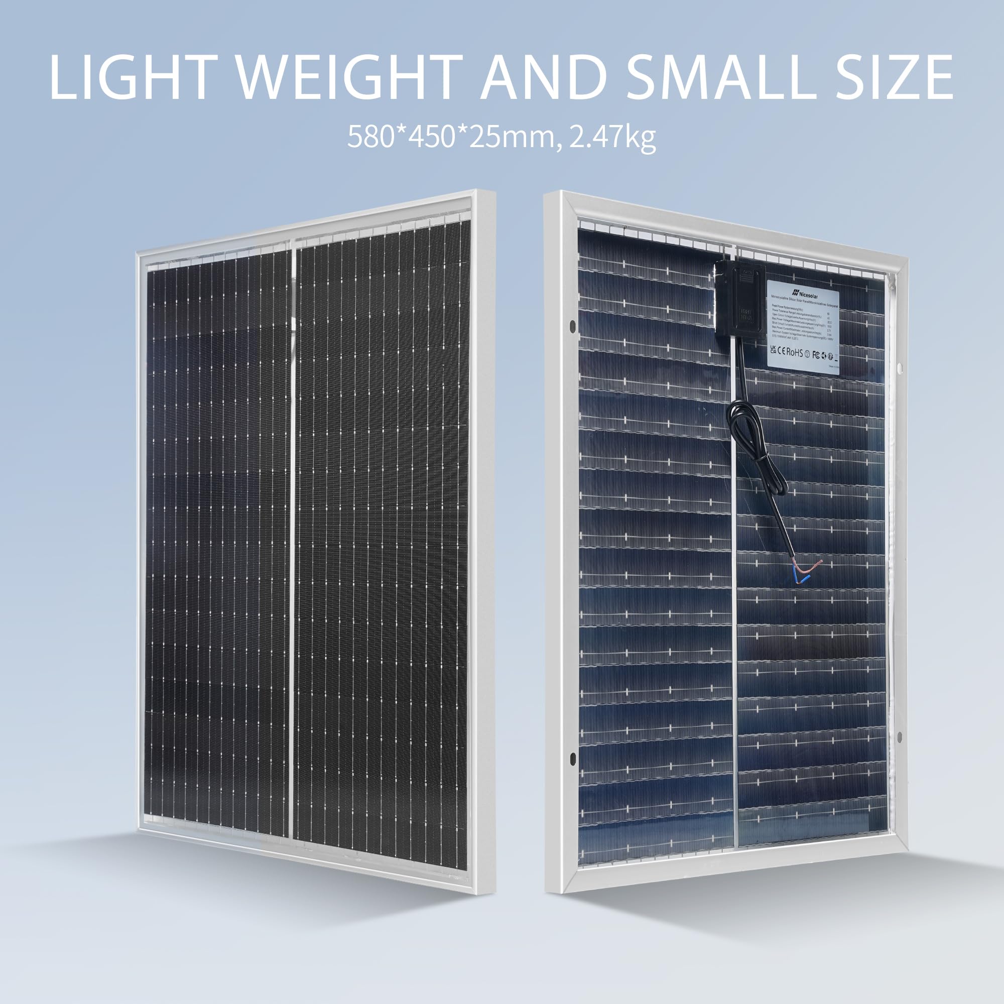 Nicesolar Pannello solare mono da 50 W, 12 V, pannelli solari monocristallini, per carica di energia indipendente da 12/24 Volt, per campeggio