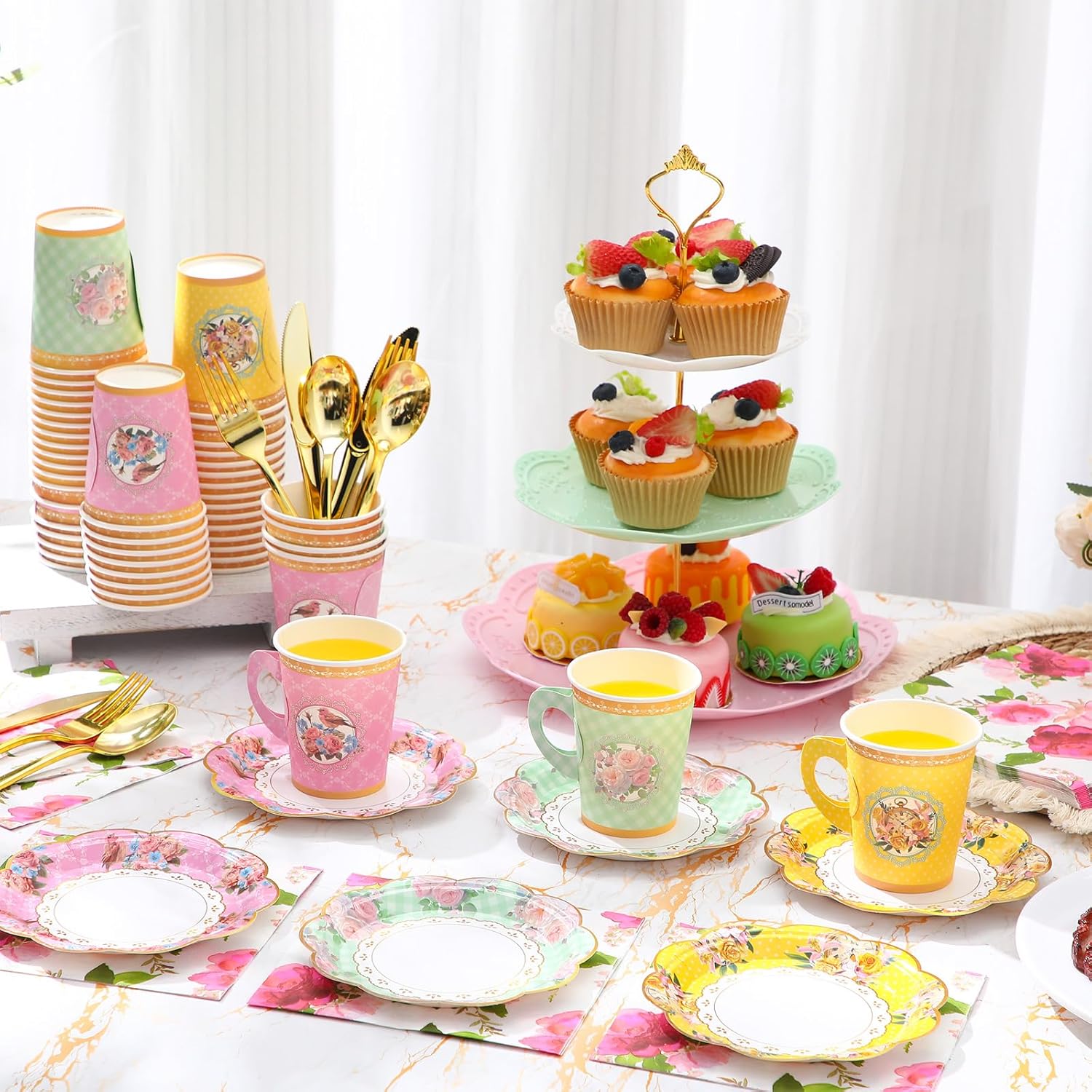 Layhit 83 Pcs Floral Tea Party Set for Girls Disposable Vintage Tableware with 3-Tier Cake Stand, 12 Serves Paper Cups and Saucers, Plates, Napkins, Cutlery for Birthday, Baby Shower(Vivid)