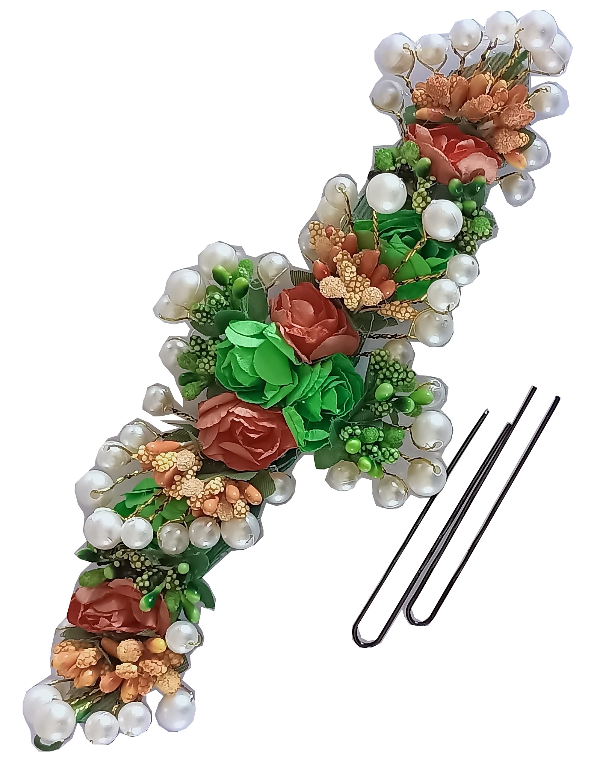 PEACHES & PINKBridal Flower Hair Brooch Gajra Juda Veni Hair Accessory for Women Wedding Party Stylish Hair Decoration (Green Orange)
